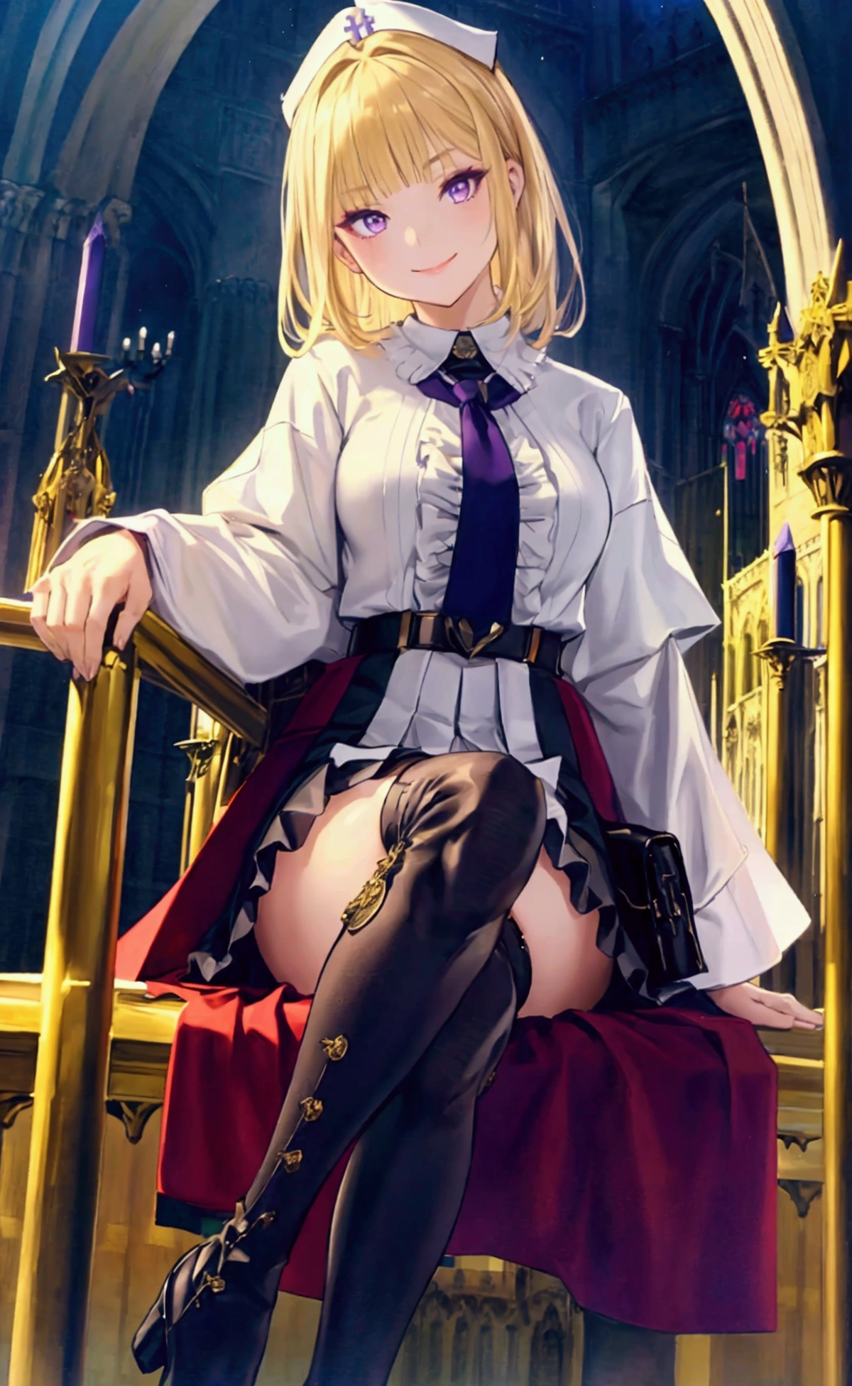 Adult Woman, Sexy Witch Cosplay, Long dark blonde wavy hair、off-shoulder knit, (Black Mini Pencil Skirt), Big hat、Medium milk, Blushing, Shy laughter, Bare shoulders、(Pose to lean forward and emphasize the chest)、(turned around)、sexy hips、sexy black and red bra、((black and red lace panties))、Red high heels、Luxurious magic wand and book、Church of the castle、sexy pose、Emphasize ass、((buttocks visible))、((embarassed expression))