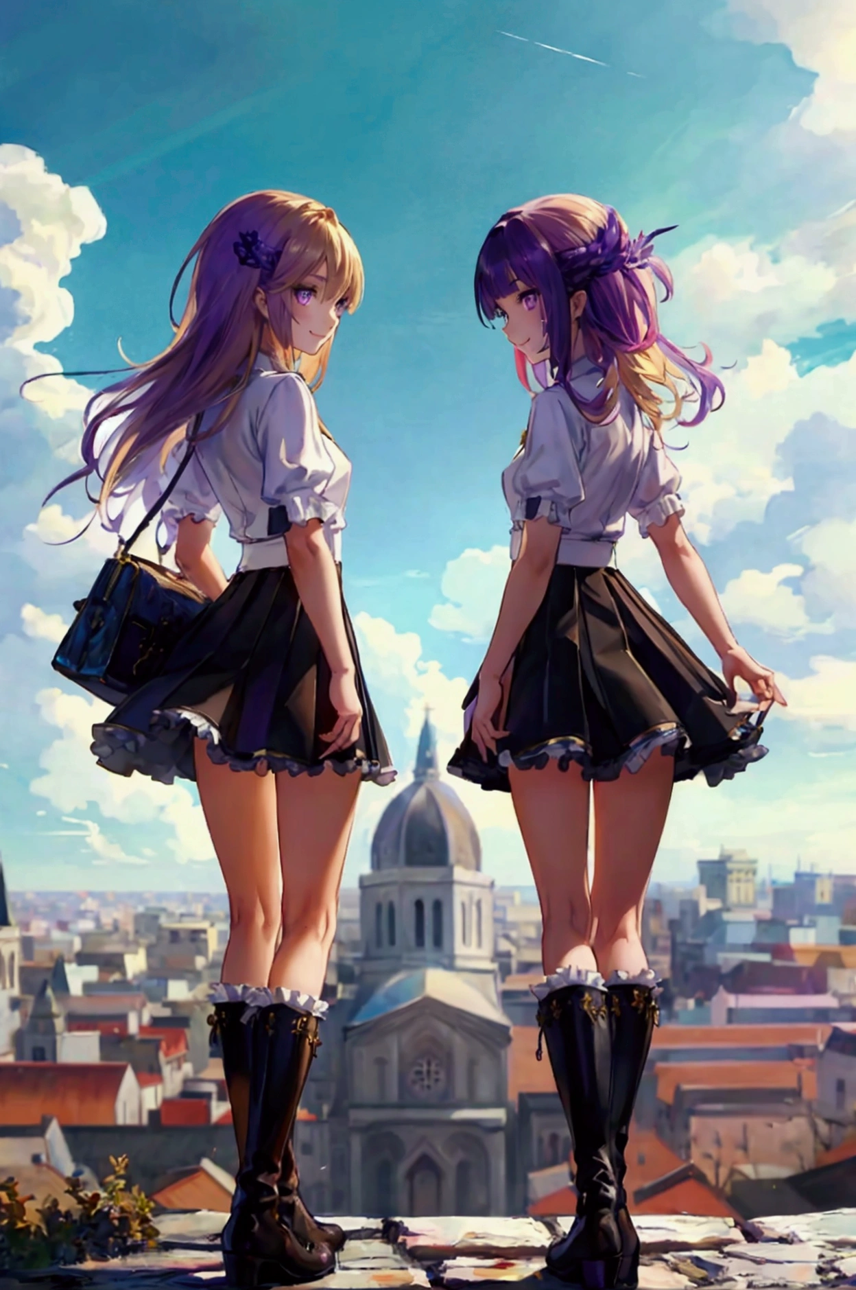 oil painting, Like a game cover、quality（ Official Art、最高quality、unity 8k wallpaper、32K、masterpiece、 ULTRA DETAIL、 super high res、 realistic 、 Photorealistic:1.2）、background（ a huge city floating in the sky,  Town on the Clouds , ,  with the city below , You can see the horizon 、 movie lighting:1.2）、 pose（Condescending、I spread my legs、 smiles）、 characters（Mean face、 purple eyes,　 with long eyelashes 、 sharp pupils、 red eyeliner that makes a memorable impression、smile、細部まで  beautiful facesと目、 sharp pupils、  beautiful faces、 beautiful girls、(  very detailed skin  、  detailed skin texture showing the cathedral :1.3)）、Hairstyle（Half Blonde、 colorful hair:1.3、blunt bangs）、clothing（Purple Igical Girl Costume、 wearing black tights 、 white shirt、Frilled outfit、 frill skirt 、 knee socks、( thigh thigh thigh:0.8)、 black boots ）、item（ carried a Boston bag）、scene（whole body）