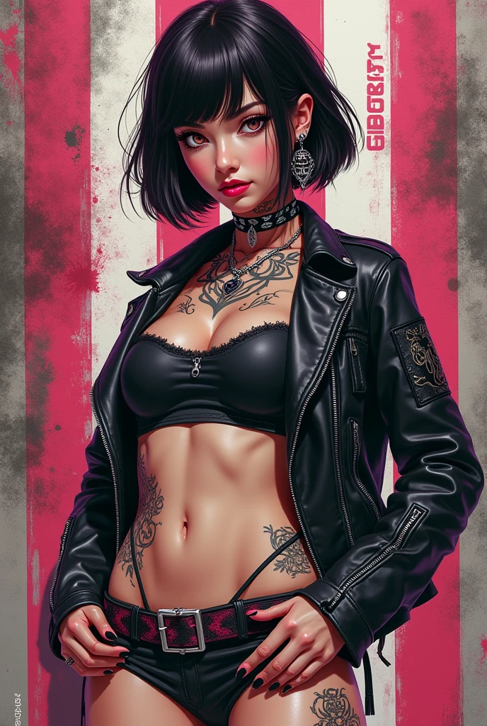 Textures: 1.5, black: 1.1, white: 1.3, red: 1.3, (brunette woman), sexy, erotic, exotics, tattoos, voluptuous busty curvy thick, (power puffer clothes: 1.2), 3d graffitti, abstract, lines, background circles, by Adam Hughes, art by Jay Anacleto