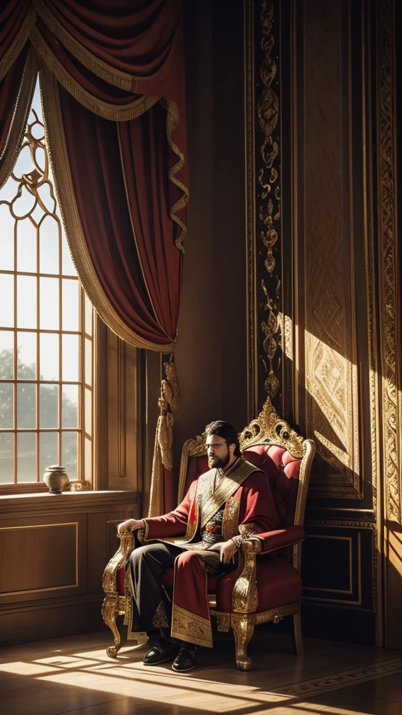 Description: Paul stands before Shaddam in a grand chamber, his expression resolute as he prepares to make his demand. Shaddam, seated on a throne, regards Paul with a mix of curiosity and skepticism.Visual: Paul, flanked by his loyal companions, addresses Shaddam in a majestic throne room adorned with opulent decorations. The atmosphere is tense, with courtiers and advisors observing the exchange with keen interest