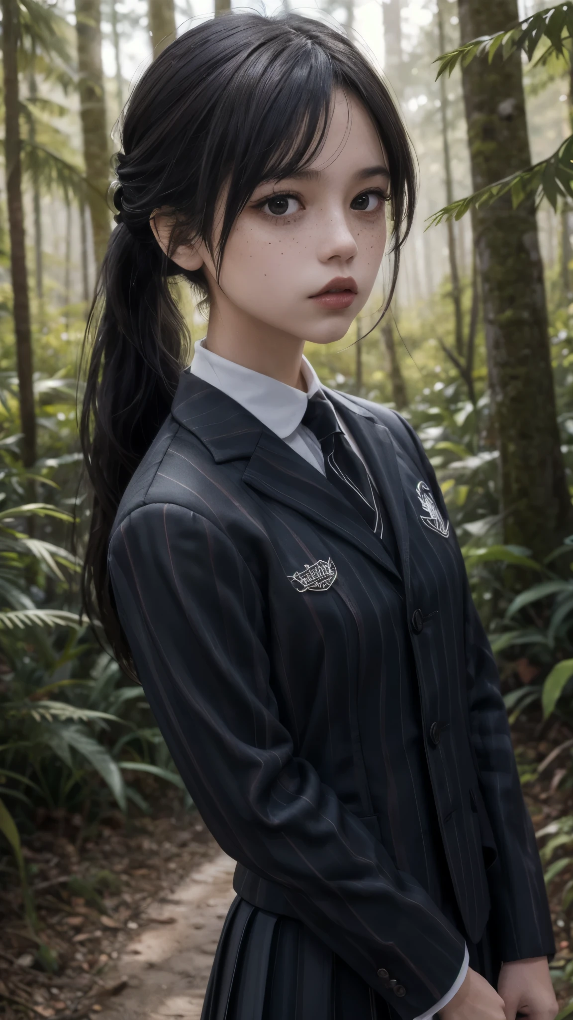 live-action、 real、 one girl、前髪のある longhair 、 Wednesday 、 Wednesday のヘア、 Wednesday の制服、 longhair 、Ponytail Bangs、Freckles、 dark lights 、Deep in the forest