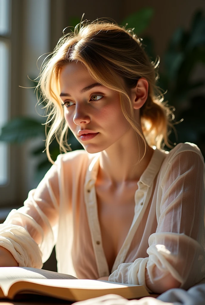 beste-Qualit, Cinematographic photo, anatomiquement correcte, Digital Artwork Illustration, femme innocente de 25 ans, pale skinned, polie, pronounced feminine features (stretching), t-shirt, cheveux blonds raides, gros seins (fond cosmique), yeux bleu grand ouvert illustration sombre style, (8k, composition dynamique, photo realist, mise au point nette), Elaborate background, cutscene, Rule of Thirds, contre-jour, grain du film, intricate high detail, Fine Beauty Details, longs cheveux blonds raides, Blue eyes wearing a white t-shirt with no print, porter une ceinture en cuir, vue de face (Assis dans un restaurant moderne la nuit), Shelbia, Barbara Palvin,Very detailed, 30 ans, natural wavy hair, yeux bleus, high resolution, Dance masterpiece, Best quality, intricate high detail, highly detailed, mise au point nette, detailed skin, realistic skin texture, texture, detailed eyes, professionnel, 4K, Prise de vue Canon, 85 mm, faible profondeur de champ, Vision couleur Kodak, perfect fit body, Extremely detailed, photo_\(ultra\), Hyper realistic photo, Realstic, Post-traitement, maximum details, roughness, real life, ultra realist, photo realism, photographie, 8K UHD, photographie (grain de film) Medium shot for close-up atmospheric dark lighting