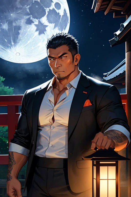 A 40-year-old muscular man wearing a black Japanese suit、Short Hair、Yakuza、 is sweaty and steaming 、Heat、 tanned orange skin、On the veranda at night 、The blue light of the moon 、Lantern、It's going to stare at me
