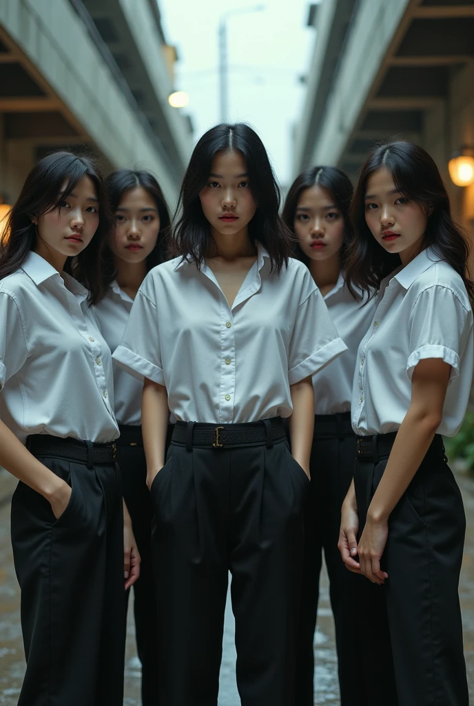 best quality, masterpiece, (photorealistic:1.4), 3 girl, light smile, shirt with collars, waist up, dramatic lighting, from below, posing singer, Flag of Vietnam background