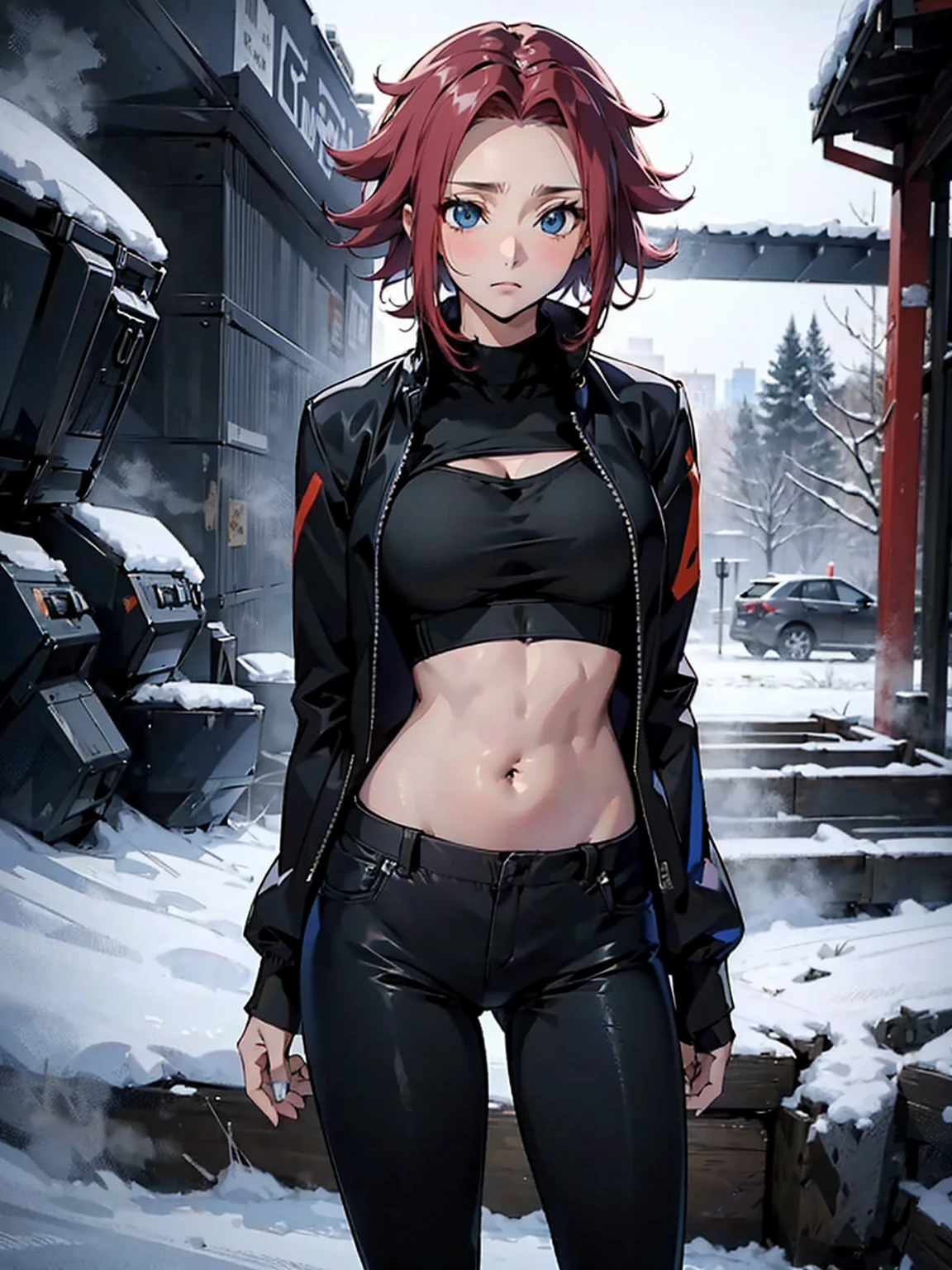  Karen Kouzki、masterpiece, top quality 、 super high image quality、Exquisite depiction、Detailed texture expression、 best quality, masterpiece,  high res, 、 is standing, Blue Eyes, black winter jacket 、,Black oversized jacket、 shorts、leggings、Outdoor、 shell jacket standing in the fall city、belly button
