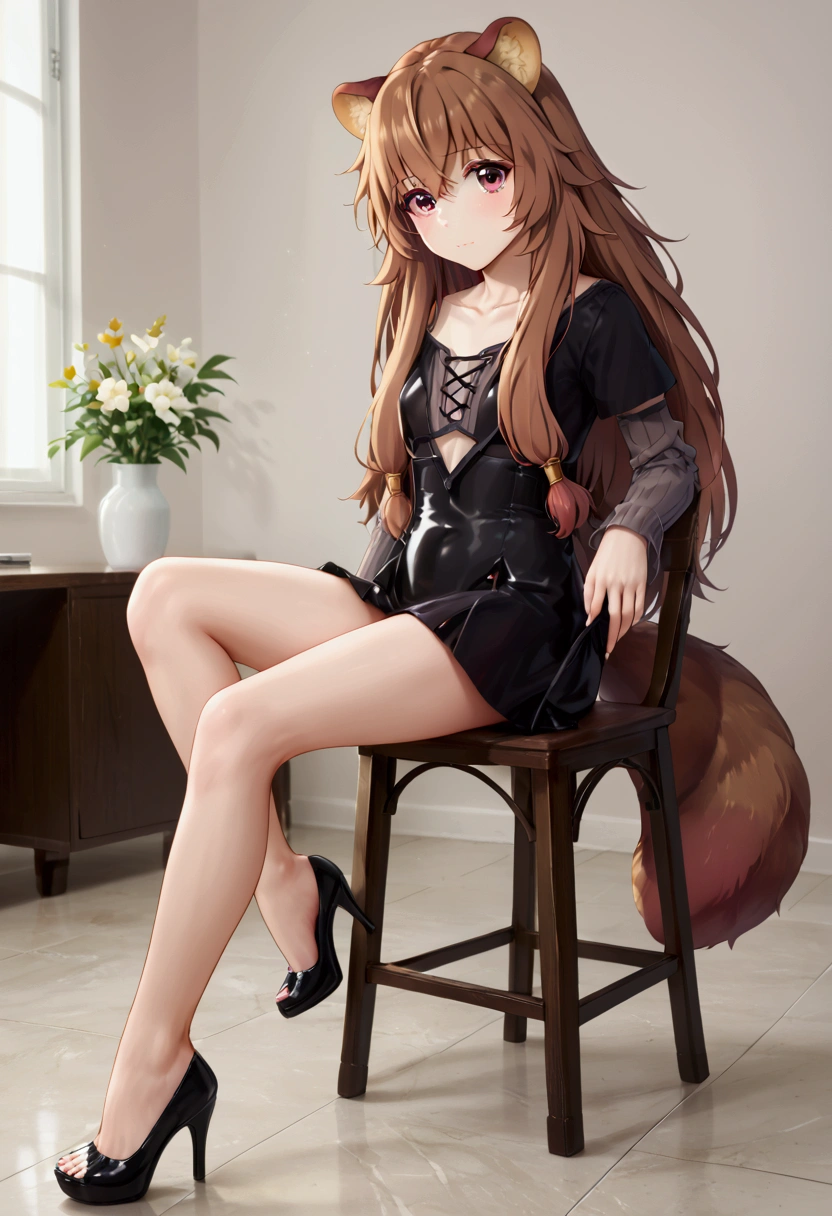  score_9,score_8,  ((( perfect face))), ( medium chest), chest focus, full body view, { looking at the viewer},( brown hair ), (bang), ( long hair ), ( Animal ears), ( raccoon ears ), (raccoon girl), (raccoon tail ),  1girl, Raphtalia, ( pink eyes ), ( detailed eyes), ( perfect eyes ), indoors in a room , black latex dress with long sleeves, bare legs,  heel shoes ,  sexy pose sitting on a chair with legs baptized,