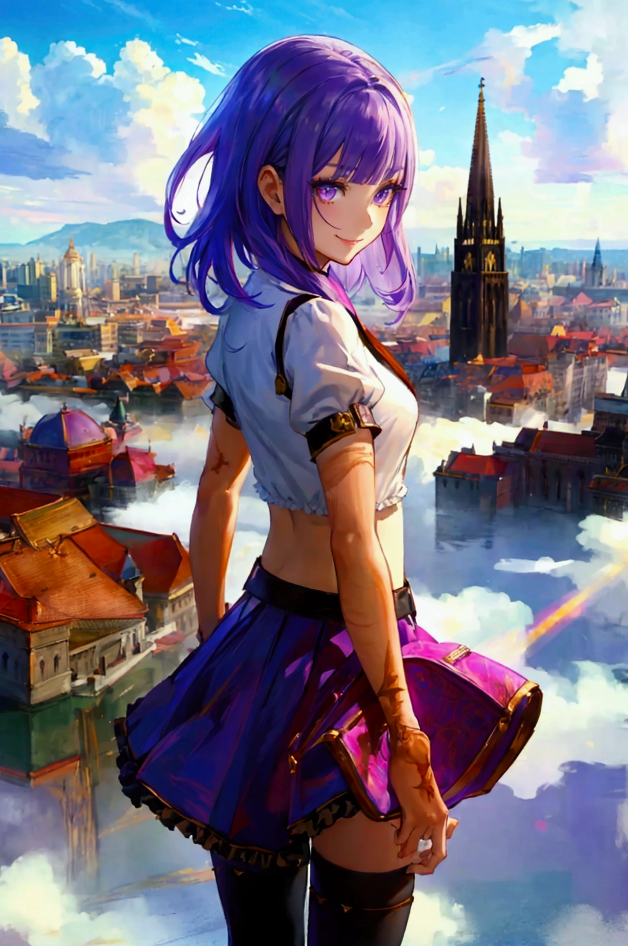 oil painting, Like a game cover、quality（ Official Art、最高quality、unity 8k wallpaper、32K、masterpiece、 ULTRA DETAIL、 super high res、 realistic 、 Photorealistic:1.2）、background（ a huge city floating in the sky,  Town on the Clouds , ,  with the city below , You can see the horizon 、 movie lighting:1.2）、 pose（Condescending、I spread my legs、 smiles）、 characters（Mean face、 purple eyes,　 with long eyelashes 、 sharp pupils、 red eyeliner that makes a memorable impression、smile、細部まで  beautiful facesと目、 sharp pupils、  beautiful faces、 beautiful girls、(  very detailed skin  、  detailed skin texture showing the cathedral :1.3)）、Hairstyle（Half Blonde、 colorful hair:1.3、blunt bangs）、clothing（Purple Igical Girl Costume、 wearing black tights 、 white shirt、Frilled outfit、 frill skirt 、 knee socks、( thigh thigh thigh:0.8)、 black boots ）、item（ carried a Boston bag）、scene（whole body）