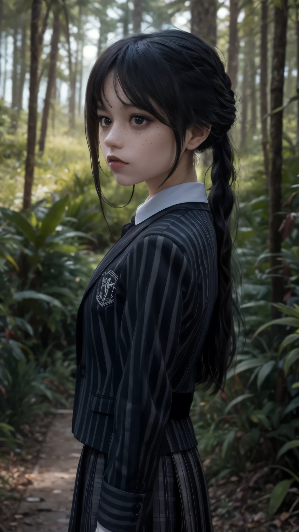 live-action、 real、 one girl、前髪のある longhair 、 Wednesday 、 Wednesday のヘア、 Wednesday の制服、 longhair 、Ponytail Bangs、Freckles、 dark lights 、Deep in the forest