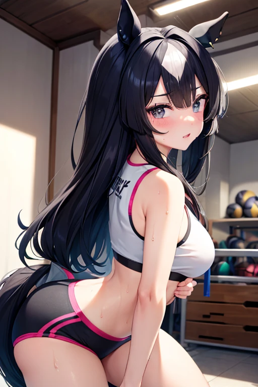 masterpiece, best quality, highres, Matoba Risa, 1girl, solo, busty, small breasts, black hair, twintail , sport bra, short skirt, looking at viewer, full body, standing, simple background, (erotic pose:1.4), blush, flustered, (Crotch panties exposed:1.3), ((arms behind head, double armpits, crouching down, half-squat, Open the crotch before:1.3)), Half body, upper body, In the middle, symmetrical,