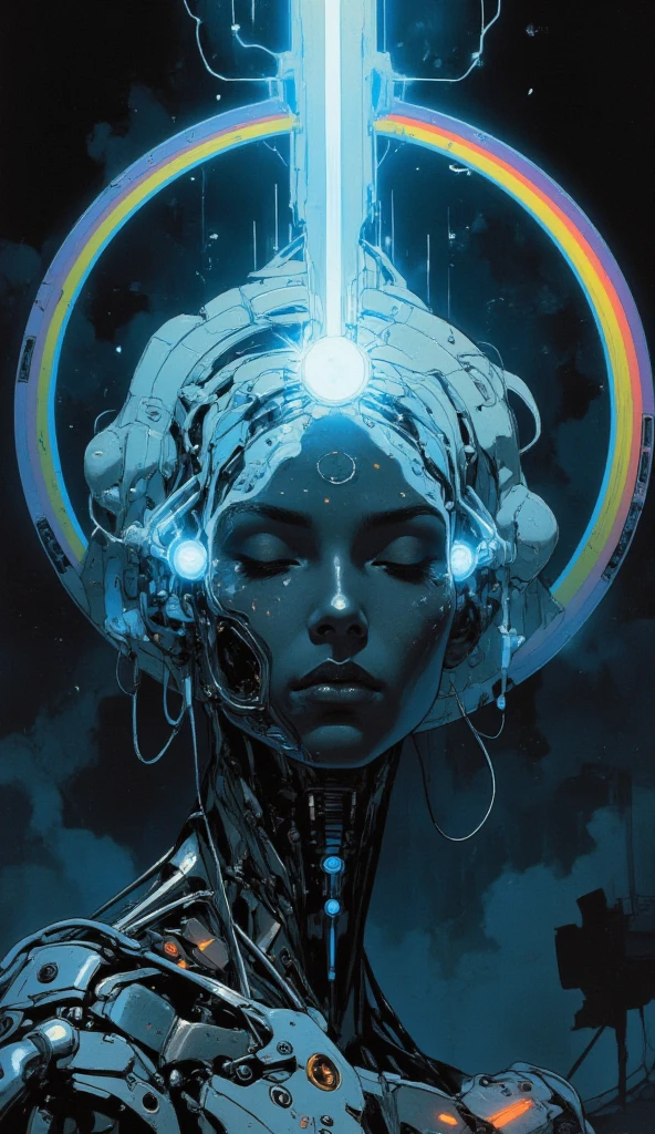 An unearthly closeup of a cybernetic being’s face in the style of ck-ncr, Her features are a flawless fusion of synthetic flesh and intricate machinery, glowing faintly in a gradient of blue and gray. Her expression is serene, almost divine, with eyes half-closed as if in meditation. The details of her face reveal microfilaments of light coursing beneath translucent synthetic skin, seamlessly integrated with polished metallic components. Delicate cables extend from the edges of her face, disappearing into the dark, misty background. Faint reflections of cascading streams of shimmering code play across her features, as if she is the nexus of a vast digital consciousness. A soft, radiant glow emanates from the center of her forehead, symbolizing transcendence and enlightenment. The atmosphere around her is veiled in shadow, dense with static haze and punctuated by the faint outlines of decaying technology, evoking a sense of humanity’s forgotten past. The lighting is cinematic, with soft, volumetric beams highlighting her ethereal presence, creating an intense and unsettling mood of otherworldly beauty and profound transformation., transmitting streams of data that cascade like waterfalls of shimmering code. Above, her face is serene, almost otherworldly, with eyes closed as if in quiet meditation,body flows into a large, curved, rainbow-hued arc that stretches across the image, blending into the background., radiating a sense of liberation, CAICO
