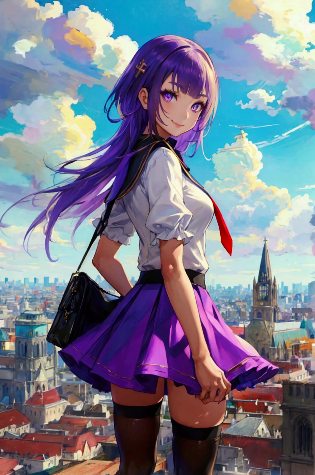 oil painting, Like a game cover、quality（ Official Art、最高quality、unity 8k wallpaper、32K、masterpiece、 ULTRA DETAIL、 super high res、 realistic 、 Photorealistic:1.2）、background（ a huge city floating in the sky,  Town on the Clouds , ,  with the city below , You can see the horizon 、 movie lighting:1.2）、 pose（Condescending、I spread my legs、 smiles）、 characters（Mean face、 purple eyes,　 with long eyelashes 、 sharp pupils、 red eyeliner that makes a memorable impression、smile、細部まで  beautiful facesと目、 sharp pupils、  beautiful faces、 beautiful girls、(  very detailed skin  、  detailed skin texture showing the cathedral :1.3)）、Hairstyle（Half Blonde、 colorful hair:1.3、blunt bangs）、clothing（Purple Igical Girl Costume、 wearing black tights 、 white shirt、Frilled outfit、 frill skirt 、 knee socks、( thigh thigh thigh:0.8)、 black boots ）、item（ carried a Boston bag）、scene（whole body）