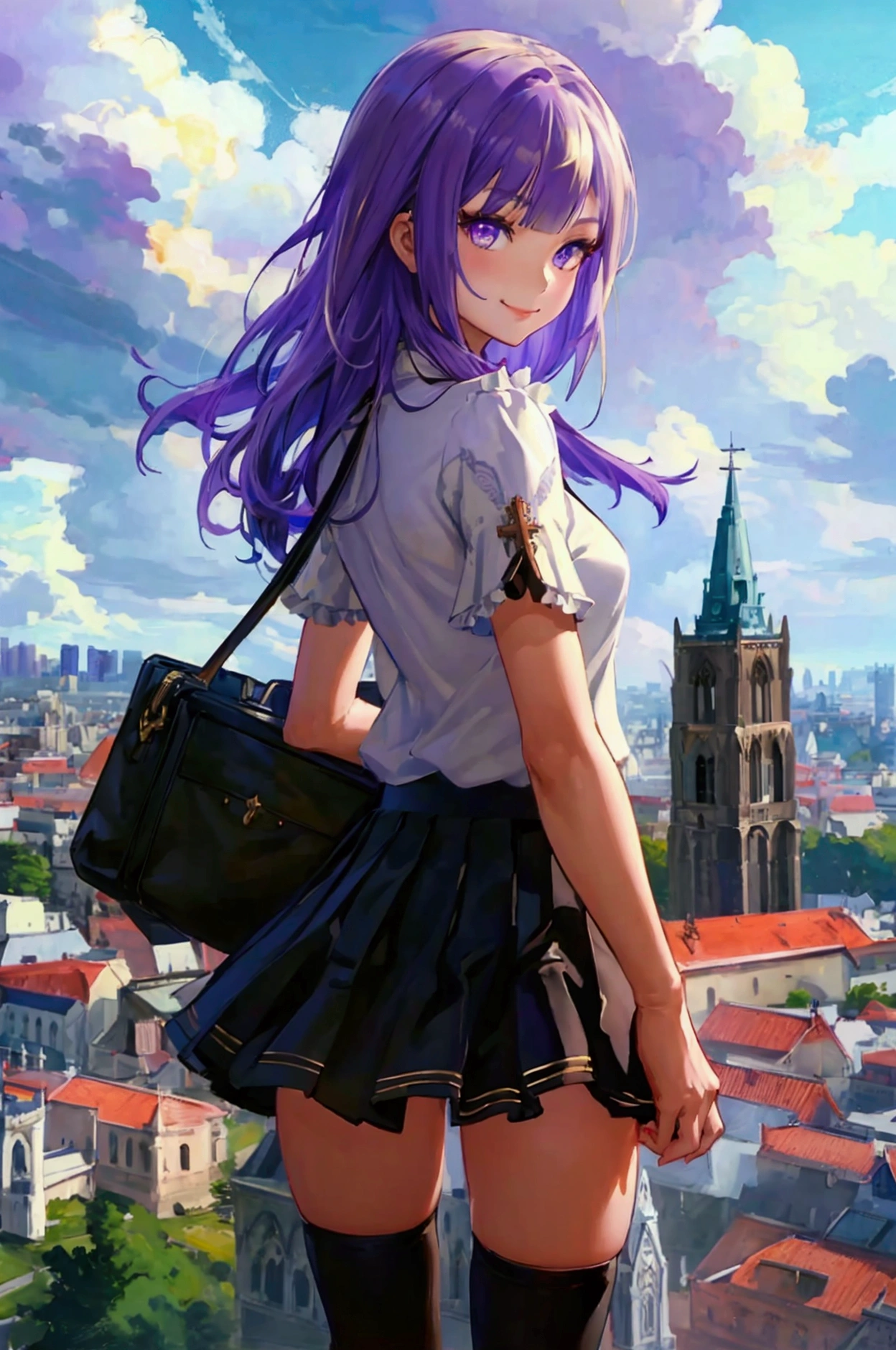 oil painting, Like a game cover、quality（ Official Art、最高quality、unity 8k wallpaper、32K、masterpiece、 ULTRA DETAIL、 super high res、 realistic 、 Photorealistic:1.2）、background（ a huge city floating in the sky,  Town on the Clouds , ,  with the city below , You can see the horizon 、 movie lighting:1.2）、 pose（Condescending、I spread my legs、 smiles）、 characters（Mean face、 purple eyes,　 with long eyelashes 、 sharp pupils、 red eyeliner that makes a memorable impression、smile、細部まで  beautiful facesと目、 sharp pupils、  beautiful faces、 beautiful girls、(  very detailed skin  、  detailed skin texture showing the cathedral :1.3)）、Hairstyle（Half Blonde、 colorful hair:1.3、blunt bangs）、clothing（Purple Igical Girl Costume、 wearing black tights 、 white shirt、Frilled outfit、 frill skirt 、 knee socks、( thigh thigh thigh:0.8)、 black boots ）、item（ carried a Boston bag）、scene（whole body）