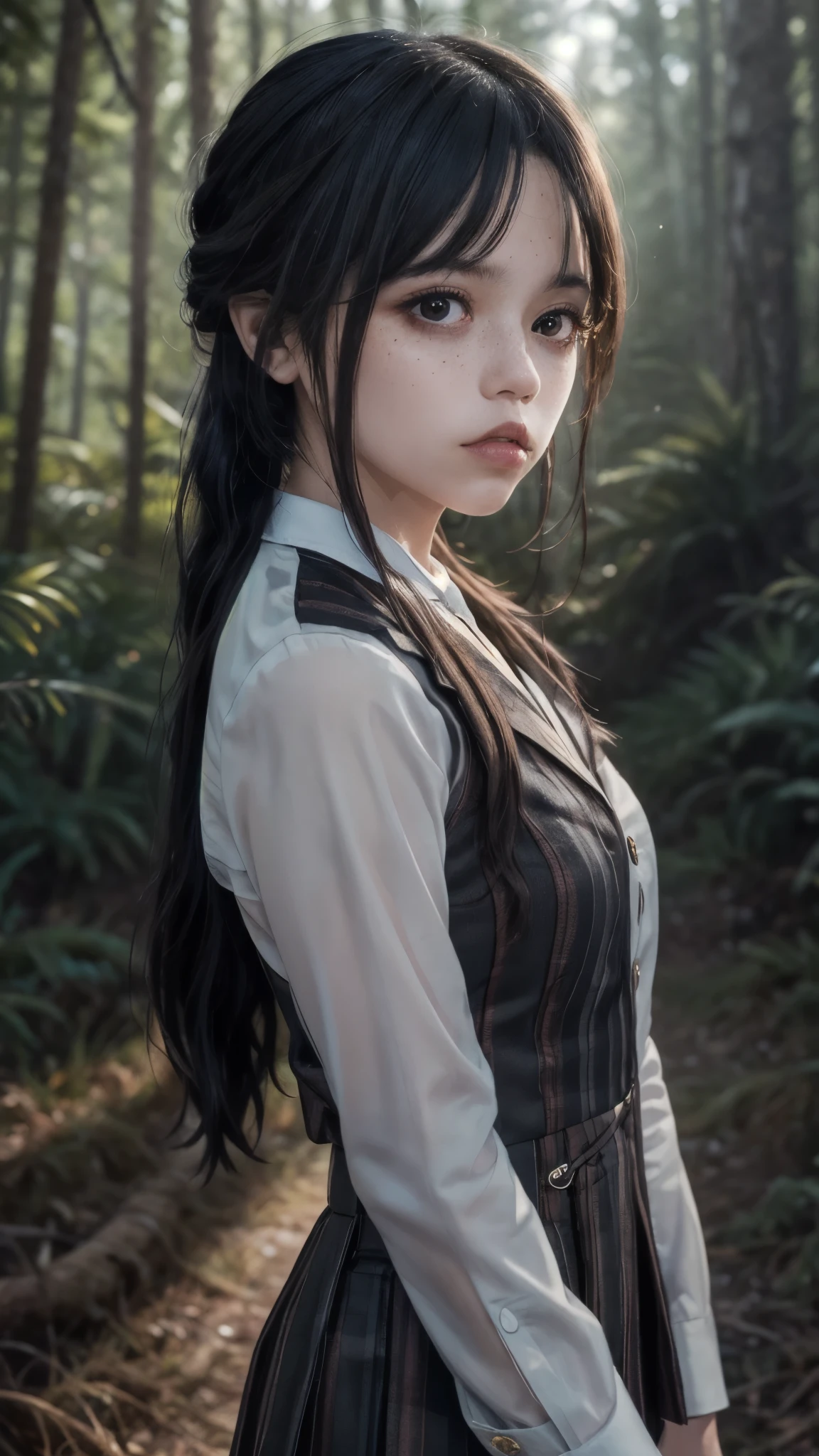 live-action、 real、front、 upper body、 one girl、前髪のある longhair 、 Wednesday 、 Wednesday のヘア、 Wednesday の制服、 longhair 、Ponytail Bangs、Freckles、 dark lights 、Deep in the forest