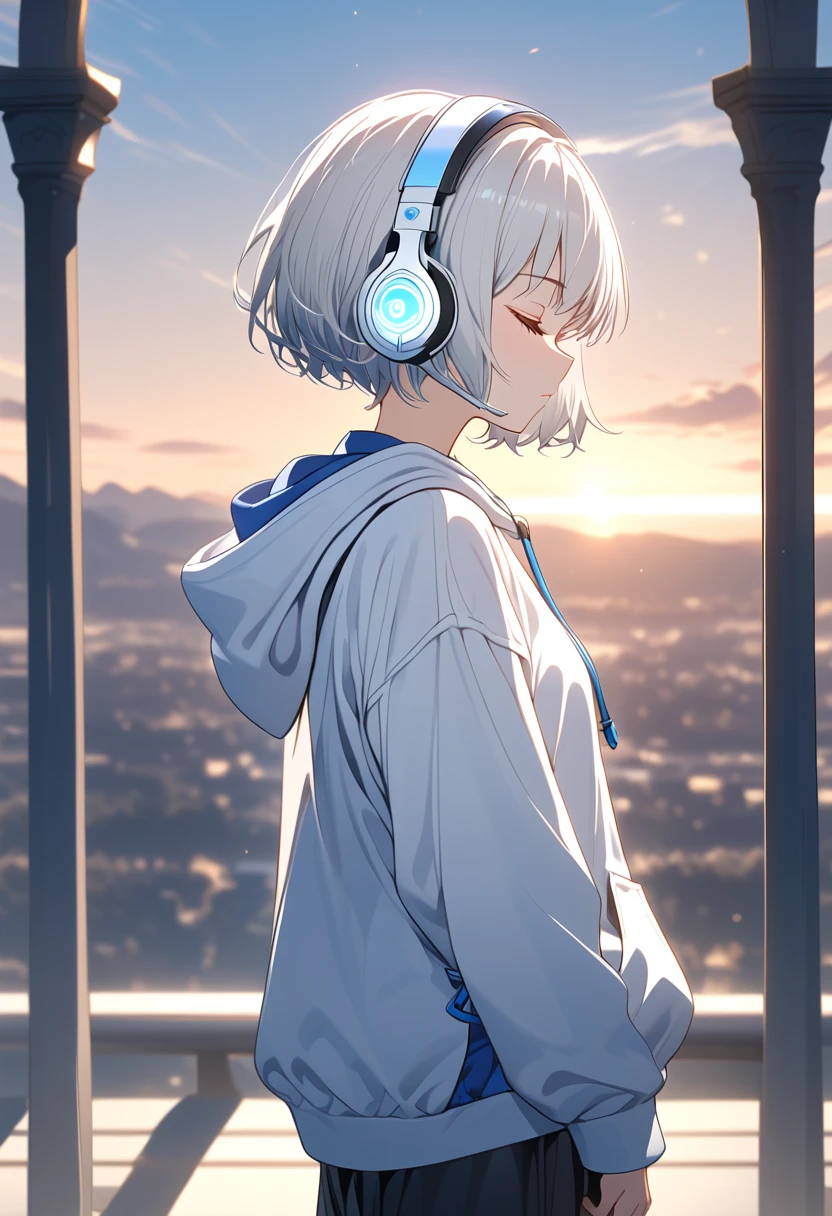 {{{masterpiece}}}, {{{ top quality }}}, {{ ULTRA DETAIL}}, { cute, DETAILS EYES },((side view,closed eyes)),  1 girl, Alone, ((white hair,pixie cut)),((((white headphone))),((white hoodie))),(black Palazzo pants),((standing)),Midea,sunrise,clear sky