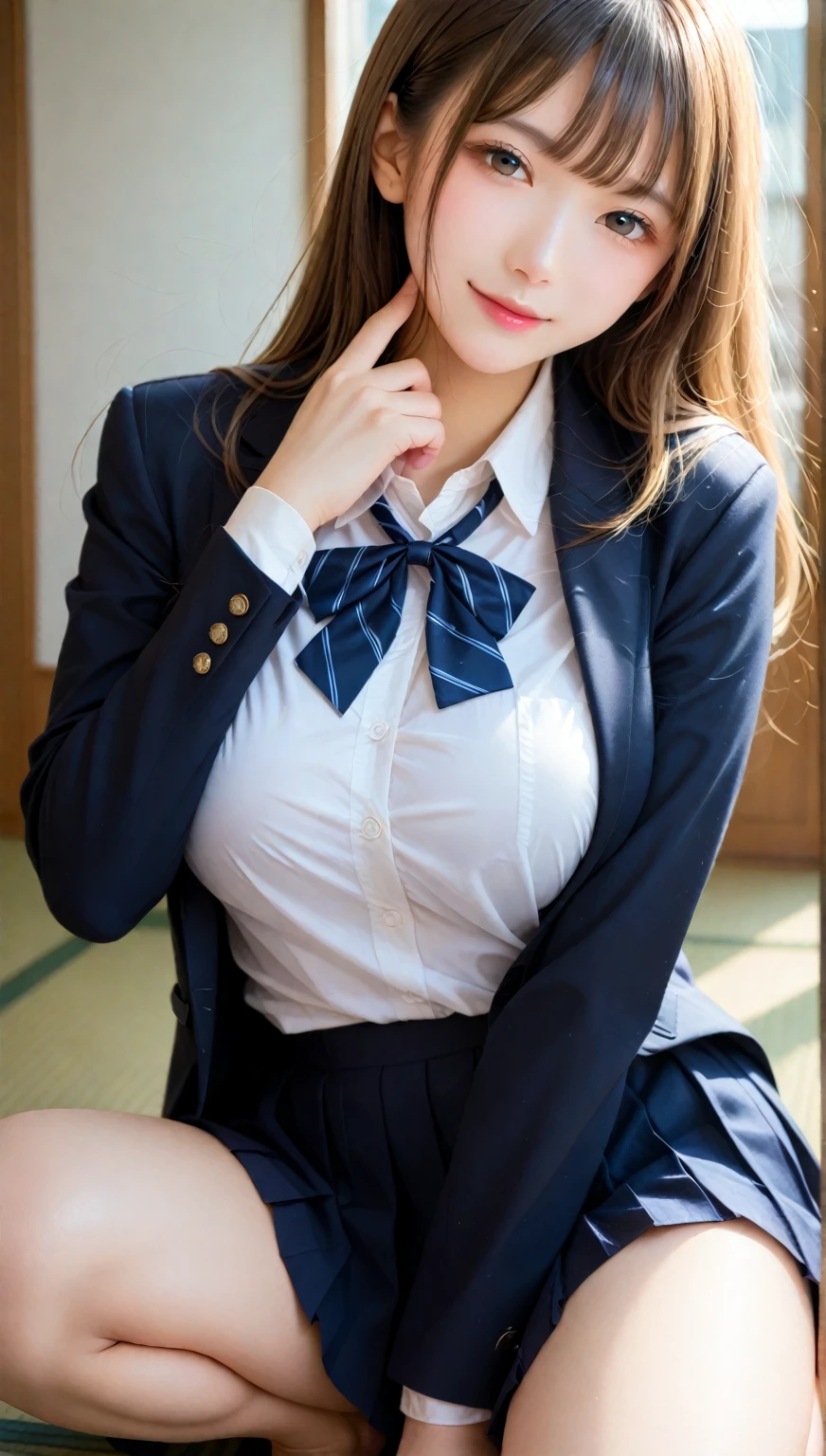 ((Superior Quality, 8K, tmasterpiece: 1.5))、Japan schoolgirl、18year old、Pubic area is clear: 1.2、Perfect Body Beauty: 1.4、8.5 head body、((high-school uniform、red bowtie:1.5))、pleatedskirt、Brown blazer、cleavage of the breast、Country house、sofas、sleep、Thigh opening、(Lace white panties、Show panties:1.5)、Sexy upper eyes、happy smile