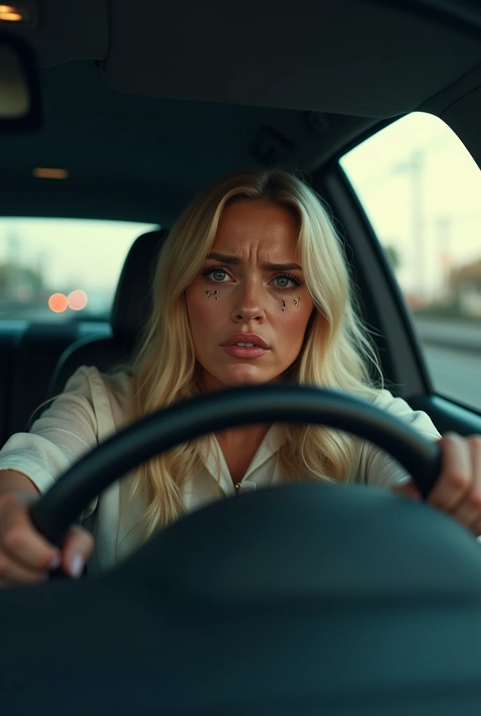 scarlettjohansson, blonde, ponytail, driving in a car, half body shot <lora:scarlettjohansson:1>