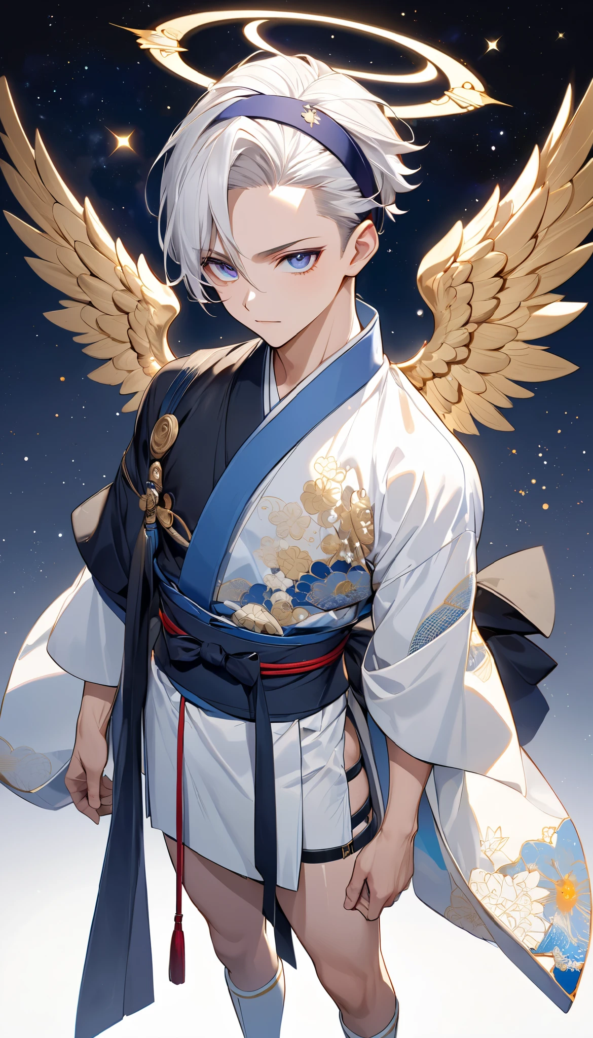 Fresh illustration,
Ultra-fine drawing,
Very delicate illustration,
Very fine details,
One boy,
Full body,
Standing motionless,
Arms slightly open,
Height 158cm,
Fair skin,
Right eye purple,
Left eye blue,
Odd eyes,
Heterochromie iris,
Beautiful eyes,
Large black pupils,
Cleanly cut hairstyle,
Slicked back hairstyle,
Short hair,
Shiny hair,
Blue roots and white hair elsewhere,
Hair with a gradient,
Cute face,
Pretty face,
A shining angel halo on the back of the head,
Raised eyebrows,
Upper body in kimono,
Upper body in traditional Japanese clothing,
Masculine build,
Six pack,
Very small breasts,
No breasts,
Lower body in Chinese dress,
Obi color black,
Overall White clothes,
Tastefully embroidered with gold thread,
Clothes made of high-quality fabric,
Jock straps,
Thigh straps,
Thigh straps digging into the skin,
White long boots,
Japanese-style toes,
Number of fingers and toes: 5,
Thin waist,
Thin legs,
Isometric,
Golden ratio,
Divine atmosphere,
Wearing an indigo-colored stand-up collared inner,
Outer space,
Galaxy,
Countless small stars,
Tactical use of shadows,
Clothes, headbands, and hair do not extend beyond the frame,