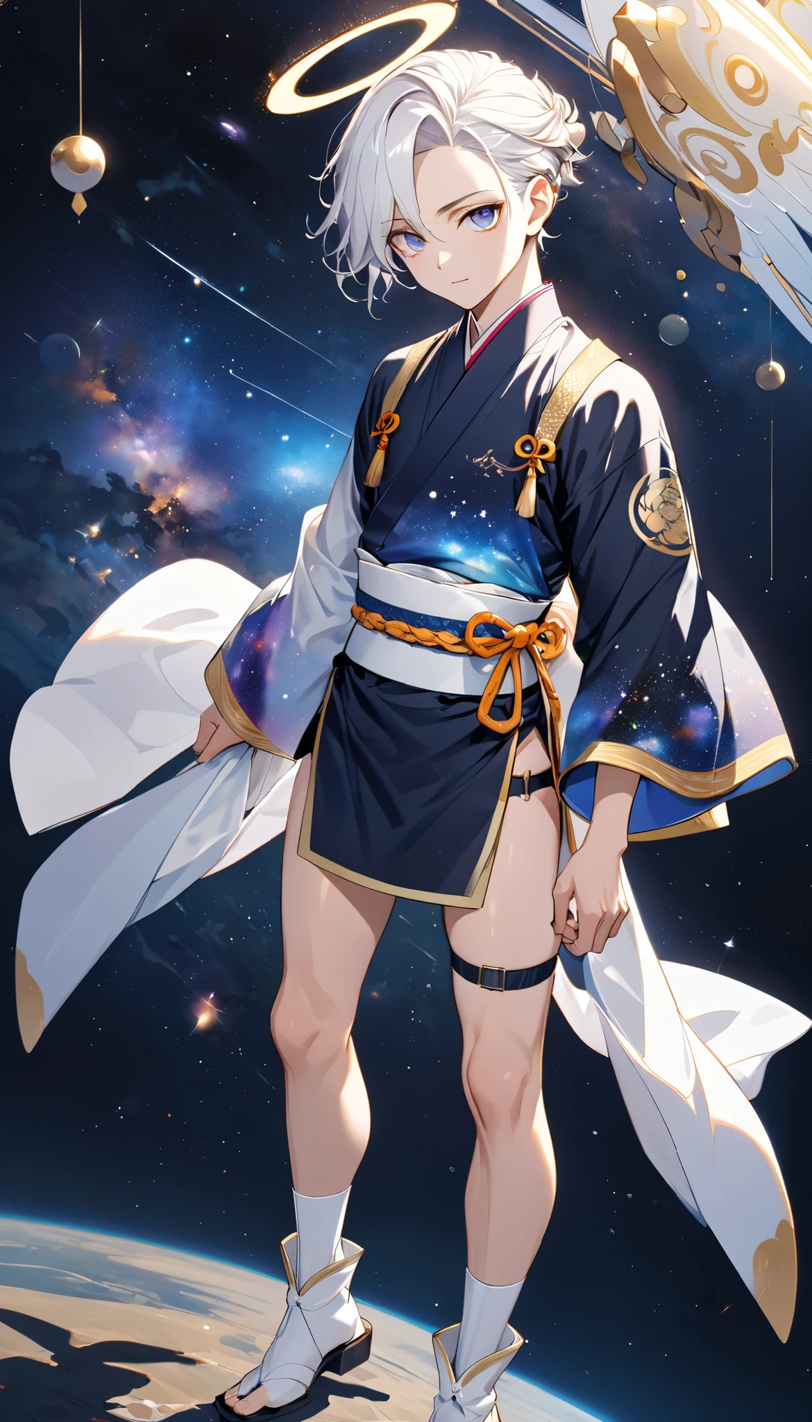 Fresh illustration,
Ultra-fine drawing,
Very delicate illustration,
Very fine details,
One boy,
Full body,
Standing motionless,
Arms slightly open,
Height 158cm,
Fair skin,
Right eye purple,
Left eye blue,
Odd eyes,
Heterochromie iris,
Beautiful eyes,
Large black pupils,
Cleanly cut hairstyle,
Slicked back hairstyle,
Short hair,
Shiny hair,
Blue roots and white hair elsewhere,
Hair with a gradient,
Cute face,
Pretty face,
A shining angel halo on the back of the head,
Raised eyebrows,
Upper body in kimono,
Upper body in traditional Japanese clothing,
Masculine build,
Six pack,
Very small breasts,
No breasts,
Lower body in Chinese dress,
Obi color black,
Overall White clothes,
Tastefully embroidered with gold thread,
Clothes made of high-quality fabric,
Jock straps,
Thigh straps,
Thigh straps digging into the skin,
White long boots,
Japanese-style toes,
Number of fingers and toes: 5,
Thin waist,
Thin legs,
Isometric,
Golden ratio,
Divine atmosphere,
Wearing an indigo-colored stand-up collared inner,
Outer space,
Galaxy,
Countless small stars,
Tactical use of shadows,
Clothes, headbands, and hair do not extend beyond the frame,
