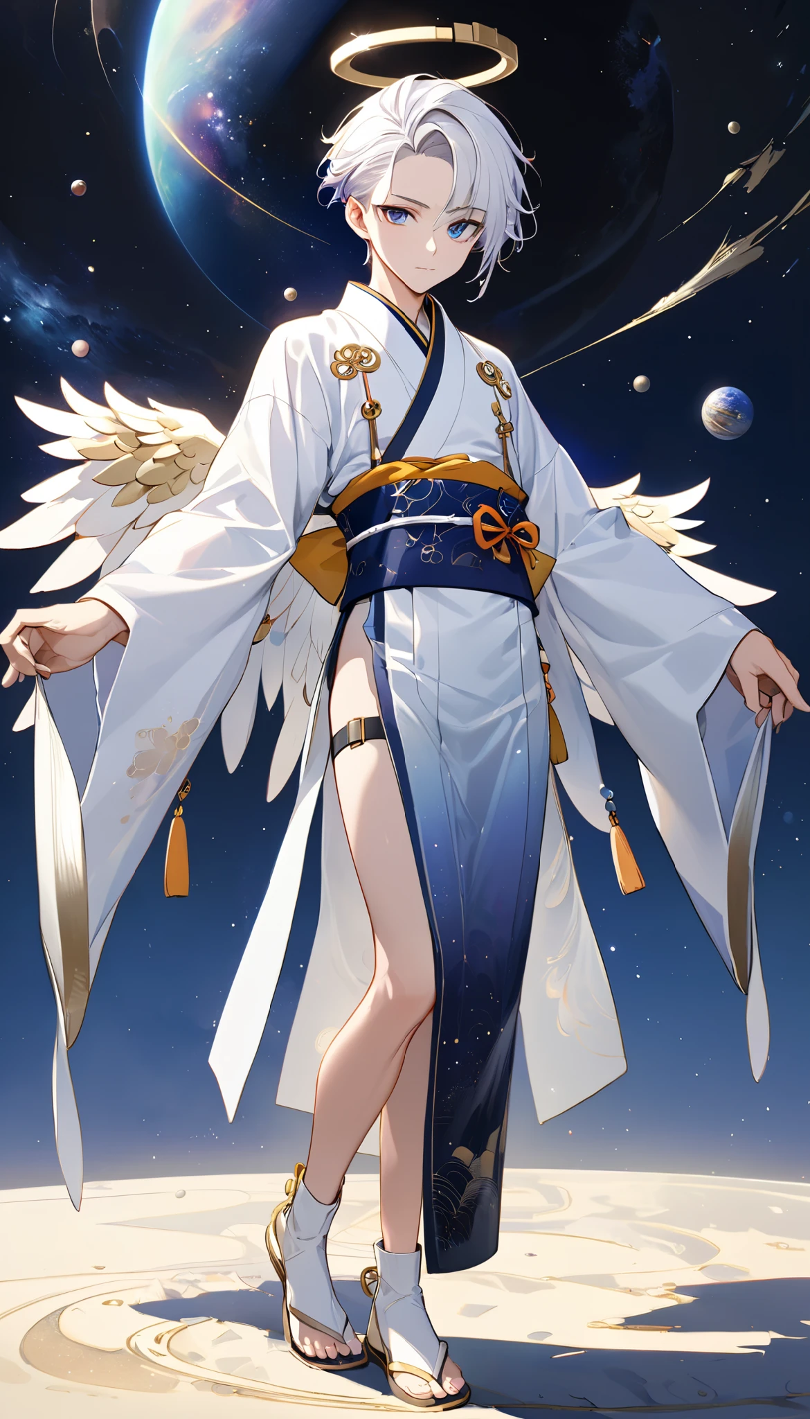 Fresh illustration,
Ultra-fine drawing,
Very delicate illustration,
Very fine details,
One boy,
Full body,
Standing motionless,
Arms slightly open,
Height 158cm,
Fair skin,
Right eye purple,
Left eye blue,
Odd eyes,
Heterochromie iris,
Beautiful eyes,
Large black pupils,
Cleanly cut hairstyle,
Slicked back hairstyle,
Short hair,
Shiny hair,
Blue roots and white hair elsewhere,
Hair with a gradient,
Cute face,
Pretty face,
A shining angel halo on the back of the head,
Raised eyebrows,
Upper body in kimono,
Upper body in traditional Japanese clothing,
Masculine build,
Six pack,
Very small breasts,
No breasts,
Lower body in Chinese dress,
Obi color black,
Overall White clothes,
Tastefully embroidered with gold thread,
Clothes made of high-quality fabric,
Jock straps,
Thigh straps,
Thigh straps digging into the skin,
White long boots,
Japanese-style toes,
Number of fingers and toes: 5,
Thin waist,
Thin legs,
Isometric,
Golden ratio,
Divine atmosphere,
Wearing an indigo-colored stand-up collared inner,
Outer space,
Galaxy,
Countless small stars,
Tactical use of shadows,
Clothes, headbands, and hair do not extend beyond the frame,