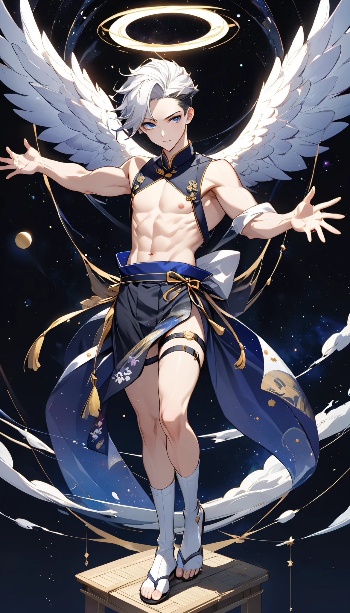 Fresh illustration,
Ultra-fine drawing,
Very delicate illustration,
Very fine details,
One boy,
Full body,
Standing motionless,
Arms slightly open,
Height 158cm,
Fair skin,
Right eye purple,
Left eye blue,
Odd eyes,
Heterochromie iris,
Beautiful eyes,
Large black pupils,
Cleanly cut hairstyle,
Slicked back hairstyle,
Short hair,
Shiny hair,
Blue roots and white hair elsewhere,
Hair with a gradient,
Cute face,
Pretty face,
A shining angel halo on the back of the head,
Raised eyebrows,
Upper body in kimono,
Upper body in traditional Japanese clothing,
Masculine build,
Six pack,
Very small breasts,
No breasts,
Lower body in Chinese dress,
Obi color black,
Overall White clothes,
Tastefully embroidered with gold thread,
Clothes made of high-quality fabric,
Jock straps,
Thigh straps,
Thigh straps digging into the skin,
White long boots,
Japanese-style toes,
Number of fingers and toes: 5,
Thin waist,
Thin legs,
Isometric,
Golden ratio,
Divine atmosphere,
Wearing an indigo-colored stand-up collared inner,
Outer space,
Galaxy,
Countless small stars,
Tactical use of shadows,
Clothes, headbands, and hair do not extend beyond the frame,