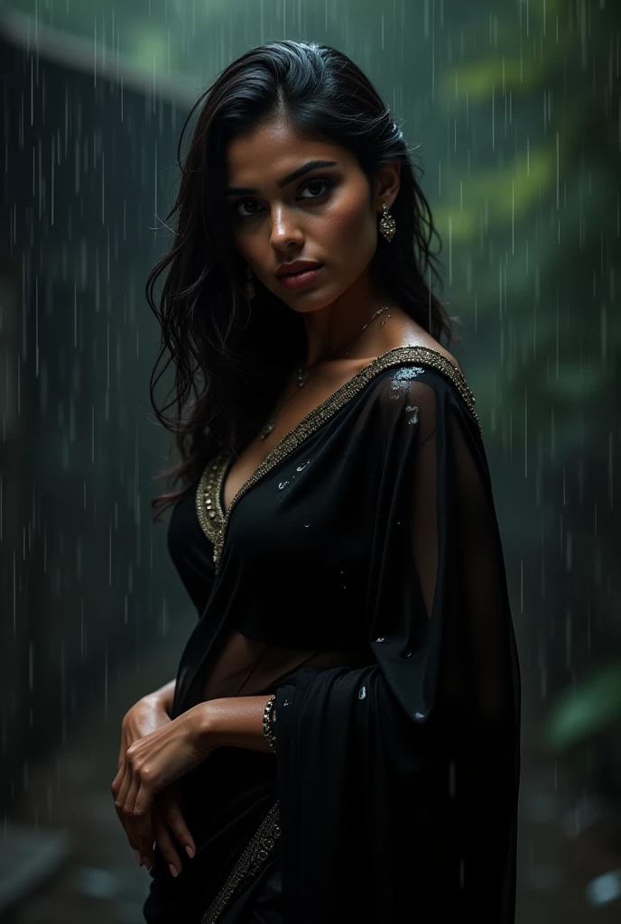 In rain, fully wet see through black saree 