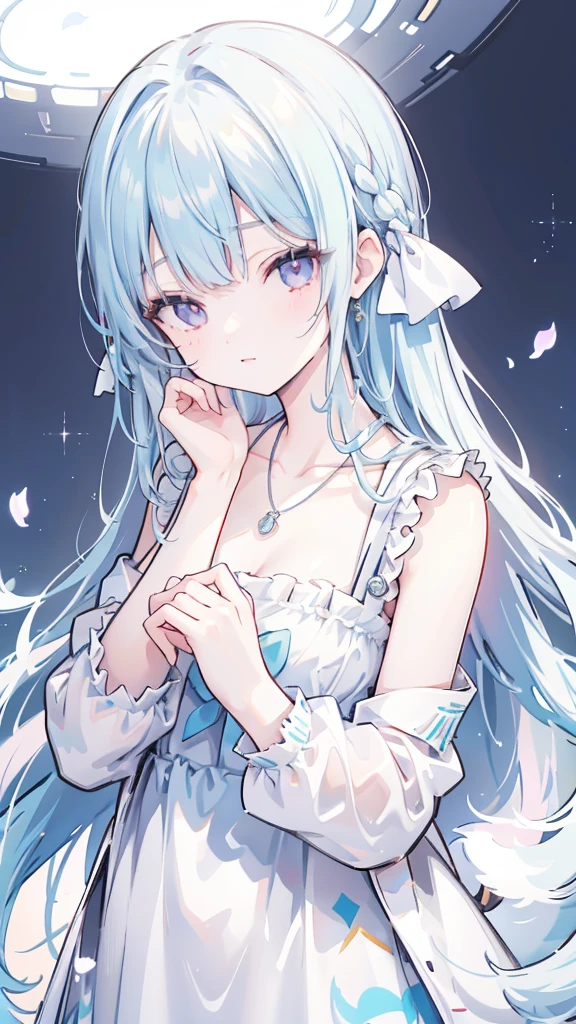 With braids，Shiny, Moist and crystal clear face，It has a lovely feel，Light cyan and light yellow color scheme，Wear a simple, solid off-the-shoulder T-shirt，Around his neck hangs a crystal clear silver necklace