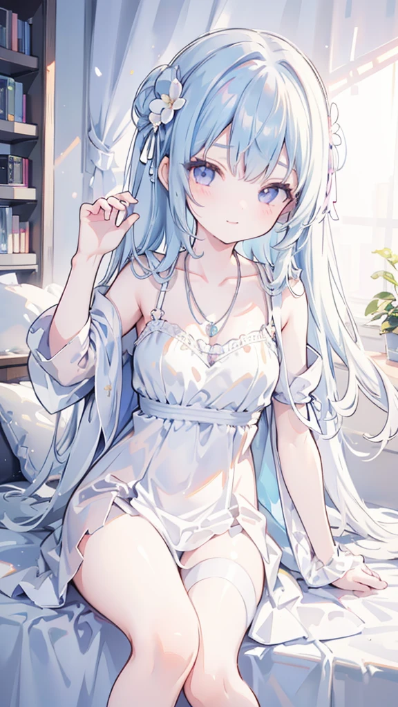 masterpiece, Highest quality, High resolution,Follow the on-screen instructions、Anime Style、Follow the prompts、One Girl、Long silver hair、Nightwear、Nightwearのリボンを指でつまむ