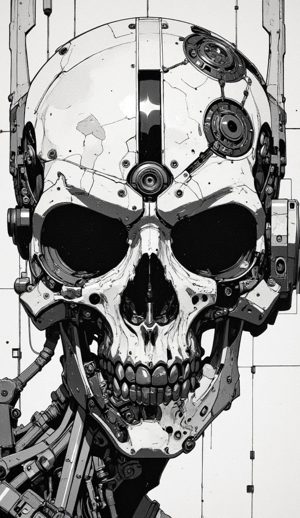 black and white colour scheme, high-tech mechanical skull with forehead slit and patterned seals