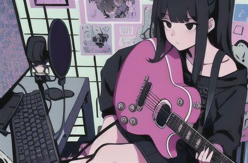 overdose, 1girl, solo, holding, sitting, chair, instrument, microphone, guitar, cable, computer, monitor, holding instrument, electric guitar, poster (object), keyboard (computer), mouse (computer), amplifier, arona, 1girl, blred expression, black hair, black bangs, black eyes