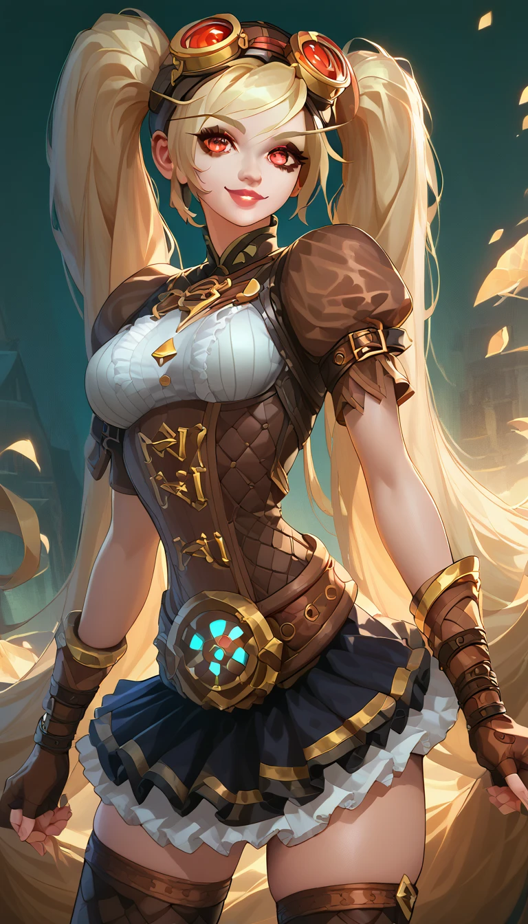 score_9, score_8_up, score_8, medium breasts,(curvy), cute, eyelashes, BREAK, , ,,, zzLayla, solo, 1girl, twintails, blonde, blonde hair, long hair, very long hair, red eyes, goggles, goggles on head, gloves, thighhighs, skirt, short sleeves, fingerless gloves, puffy sleeves, brown gloves, puffy short sleeves, , ,,, BREAK, smile, looking at viewer, embedding:zPDXL, Expressiveh, WarcraftStyle, (world of warcraft, warcraft:1.1),