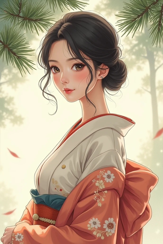  Beautiful 30-year-old Japanese woman in Taisho romance style ,  accentuating elegance and elegance .  The flowing lines and gentle expression of a kimono , Hand-painted watercolor effects , The background evokes nostalgia. Pine branches , Open the top slightly, manga anime,  high image quality, masterpiece, 