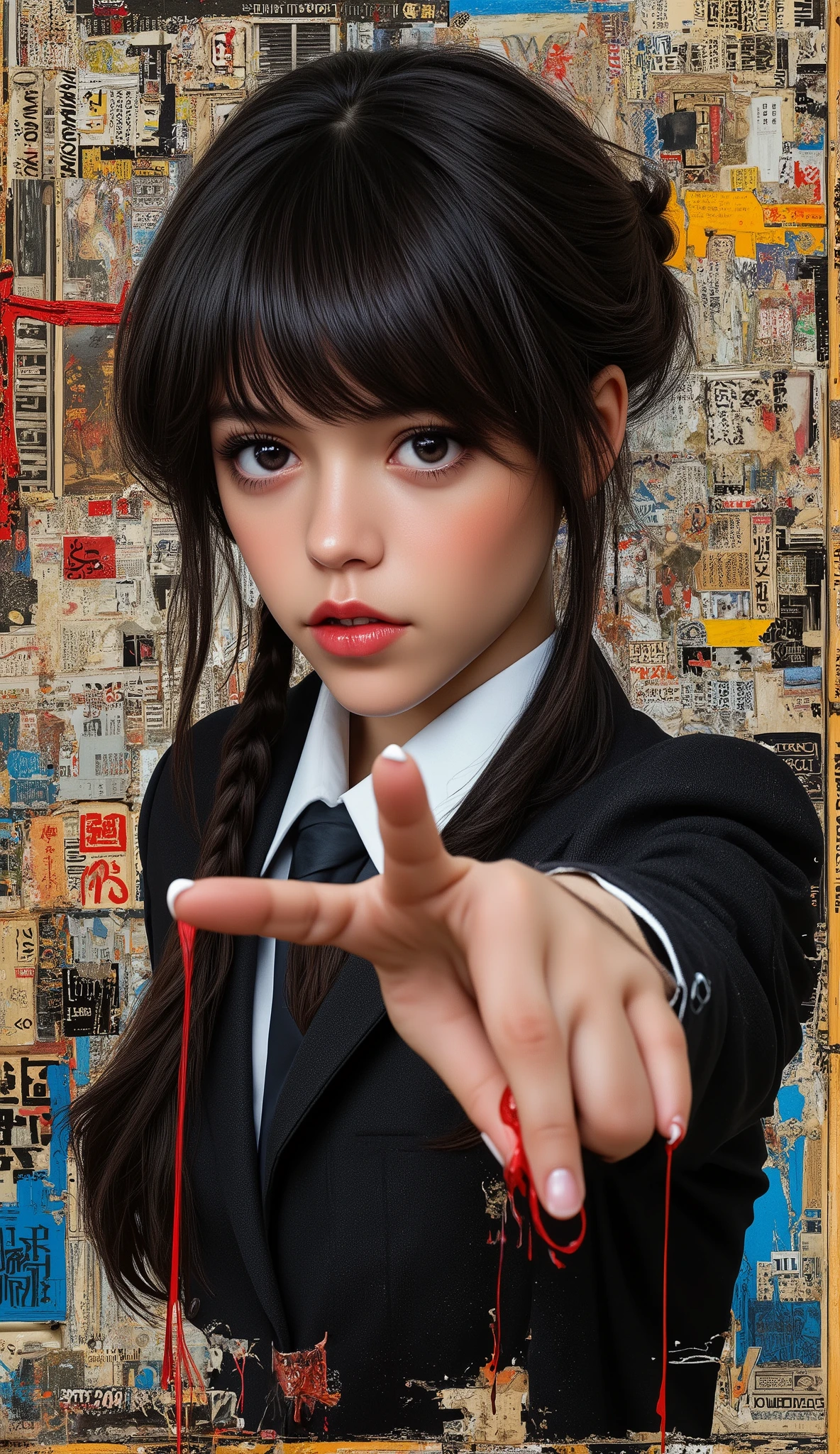 masterpiece, super detailed , 8k, 1 girl, shiny Droopy eyes, Droopy eyes, Big Iris:1.5, Big Iris:1.5, (( pop art )), Surrounded by a chaotic collage of newspaper and magazine clippings creating a dynamic, textured background 、 Create an image of a young woman with a mysterious and charming expression . ((Bend:1.8)) , 彼女teeth長い間, Flowing dark hair with bangs wrapping around her face 、Pigtails with braids 、 Big, Expressive eyes accentuated with soft makeup . 彼女の服装teethスタイリッシュ, Modern version of a classic school uniform , Woman in a dark blazer , Complements her boldly short plaid skirt . 彼女teeth精巧なピンクのレースのランジェリーを身につけている, teeth、 Range Murata with bangs framing her face ,Yoshitaka Amano, Death is all over the air ., Soft Indirect Lighting , bright colors, Attention to Details , Complements her bold contrast to her innocent look . 彼女teeth自信を持ってポーズをとる, Make finger movements , 。 Surrounded by a chaotic collage of newspaper and magazine clippings creating a dynamic, textured background います. クリッピングteethイメージに pop art の雰囲気を加えます, Her youth々 emphasizes energy and edgy style .