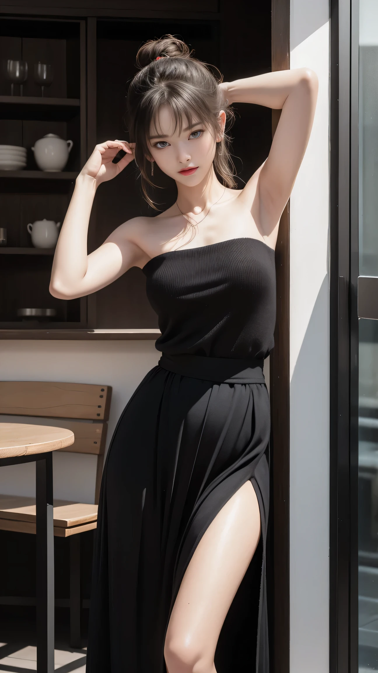 detailed background, masterpiece, best quality, 1 person , curly hair, long hair, purple eyes, star in eye ,lime green Strapless blouse, long skirt, looking at viewer, wooden furniture behind, indoor , sexy, sexy poses