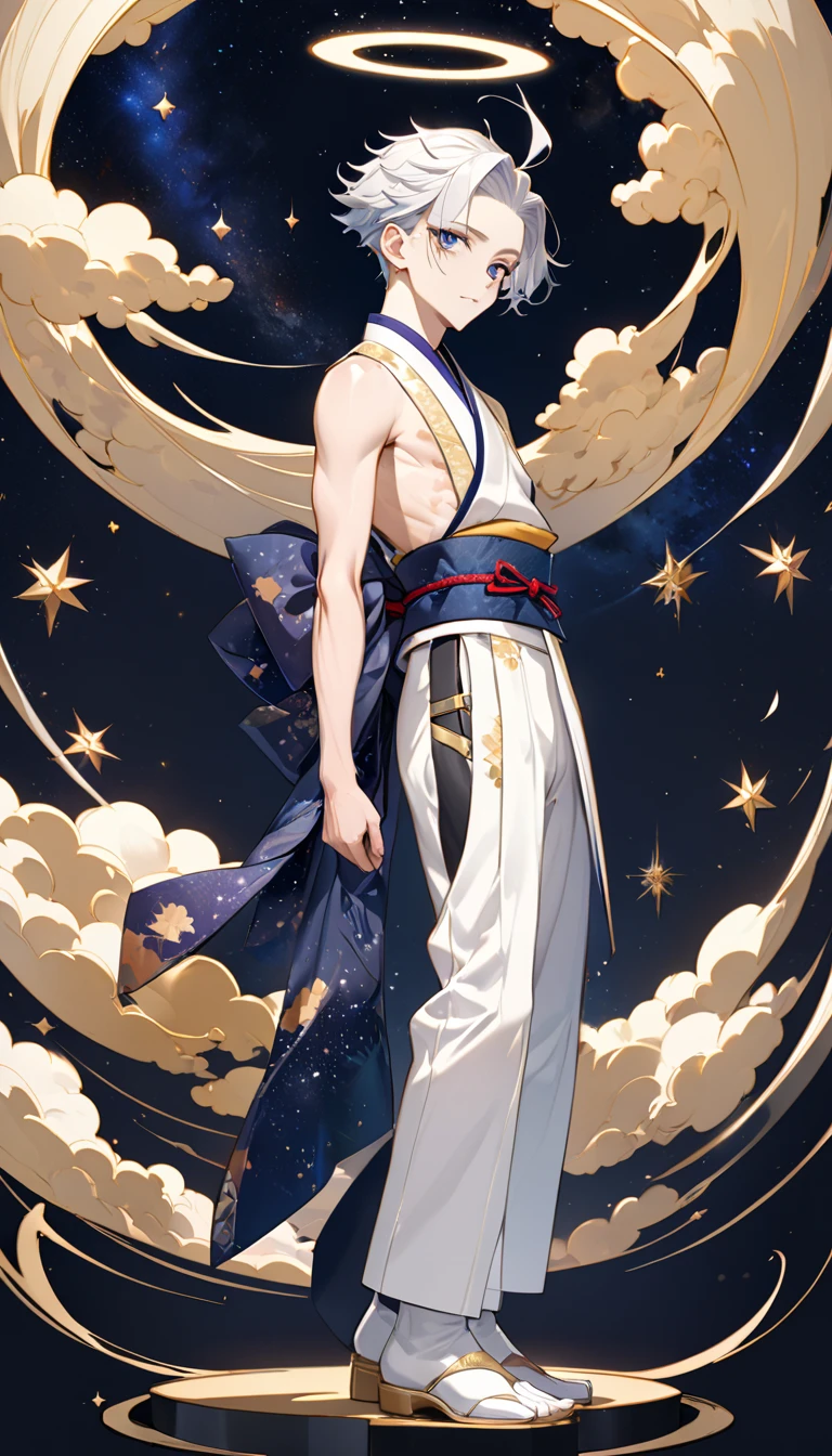 Fresh illustration,
Ultra-fine drawing,
Very delicate illustration,
Very fine details,
One boy,
Full body,
Standing motionless,
Arms slightly open,
Height 158cm,
Fair skin,
Right eye purple,
Left eye blue,
Odd eyes,
Heterochromie iris,
Beautiful eyes,
Large black pupils,
Cleanly cut hairstyle,
Slicked back hairstyle,
Short hair,
Shiny hair,
Blue roots and white hair elsewhere,
Hair with a gradient,
Cute face,
Pretty face,
A shining angel halo on the back of the head,
Raised eyebrows,
Upper body in kimono,
Upper body in traditional Japanese clothing,
Masculine build,
Six pack,
Very small breasts,
No breasts,
Lower body in Chinese dress,
Obi color black,
Overall White clothes,
Tastefully embroidered with gold thread,
Clothes made of high-quality fabric,
Jock straps,
Thigh straps,
Thigh straps digging into the skin,
White long boots,
Japanese-style toes,
Number of fingers and toes: 5,
Thin waist,
Thin legs,
Isometric,
Golden ratio,
Divine atmosphere,
Wearing an indigo-colored stand-up collared inner,
Outer space,
Galaxy,
Countless small stars,
Tactical use of shadows,
Clothes, headbands, and hair do not extend beyond the frame,