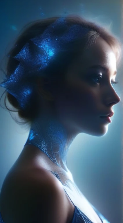 Woman with shiny , translucent fractal skin,  whole body,  small breasts, muted colors, aerial view, blue theme, Swirling organic pattern ,  energetic , Ultra HD, bright colors,  perfect composition , litter, natural,  voluminous cinema lighting , amazing shadows, black silhouette,  volumetric light , (Movie posters )，