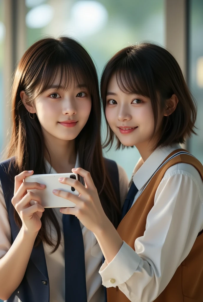 １People Girls,Selfie,from above,20-year-old,student,Beauty,Beautiful face,Cute face, japanese girl, large bretht, embarrassed,Embarrassed smile,{{{masterpiece}}}, {{{best quality}}}, {{ultra-detailed}}, {illustration}, {{an extremely delicate and beautiful}},short hair