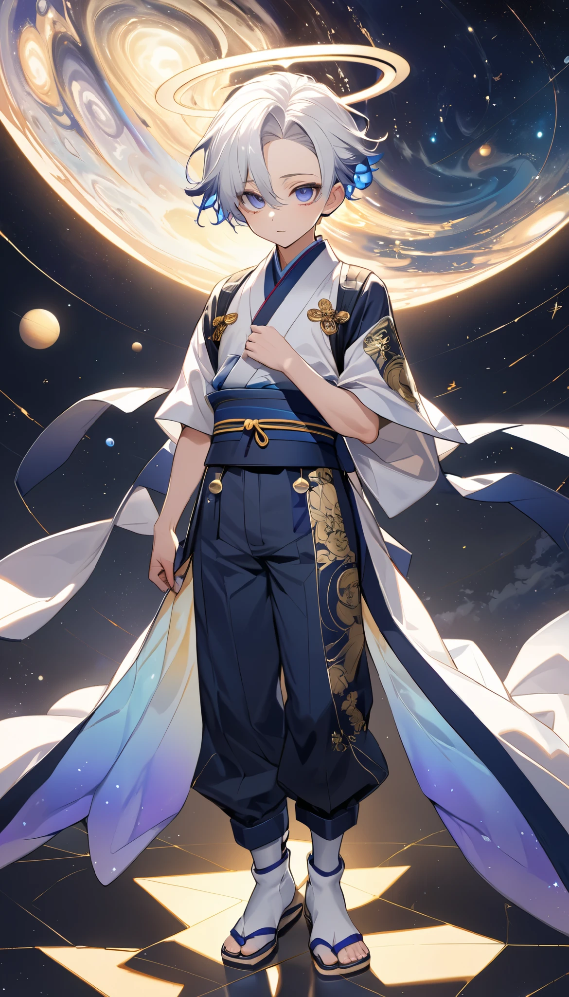 Fresh illustration,
Ultra-fine drawing,
Very delicate illustration,
Very fine details,
One boy,
Full body,
Standing motionless,
Arms slightly open,
Height 158cm,
Fair skin,
Right eye purple,
Left eye blue,
Odd eyes,
Heterochromie iris,
Beautiful eyes,
Large black pupils,
Cleanly cut hairstyle,
Slicked back hairstyle,
Short hair,
Shiny hair,
Blue roots and white hair elsewhere,
Hair with a gradient,
Cute face,
Pretty face,
A shining angel halo on the back of the head,
Raised eyebrows,
Upper body in kimono,
Upper body in traditional Japanese clothing,
Masculine build,
Six pack,
Very small breasts,
No breasts,
Lower body in Chinese dress,
Obi color black,
Overall White clothes,
Tastefully embroidered with gold thread,
Clothes made of high-quality fabric,
Jock straps,
Thigh straps,
Thigh straps digging into the skin,
White long boots,
Japanese-style toes,
Number of fingers and toes: 5,
Thin waist,
Thin legs,
Isometric,
Golden ratio,
Divine atmosphere,
Wearing an indigo-colored stand-up collared inner,
Outer space,
Galaxy,
Countless small stars,
Tactical use of shadows,
Clothes, headbands, and hair do not extend beyond the frame,