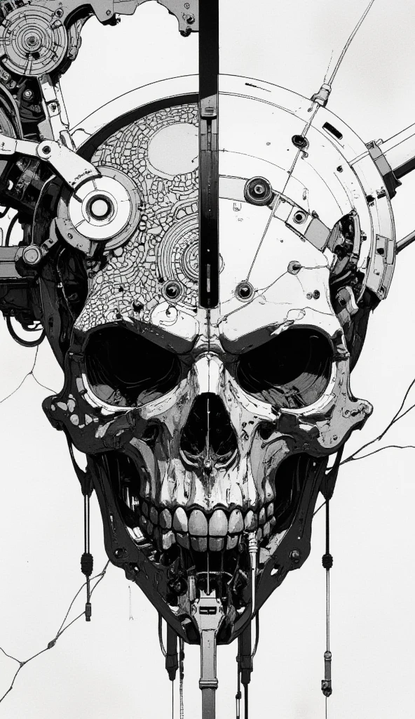 black and white colour scheme, high-tech mechanical skull with forehead slit and patterned seals