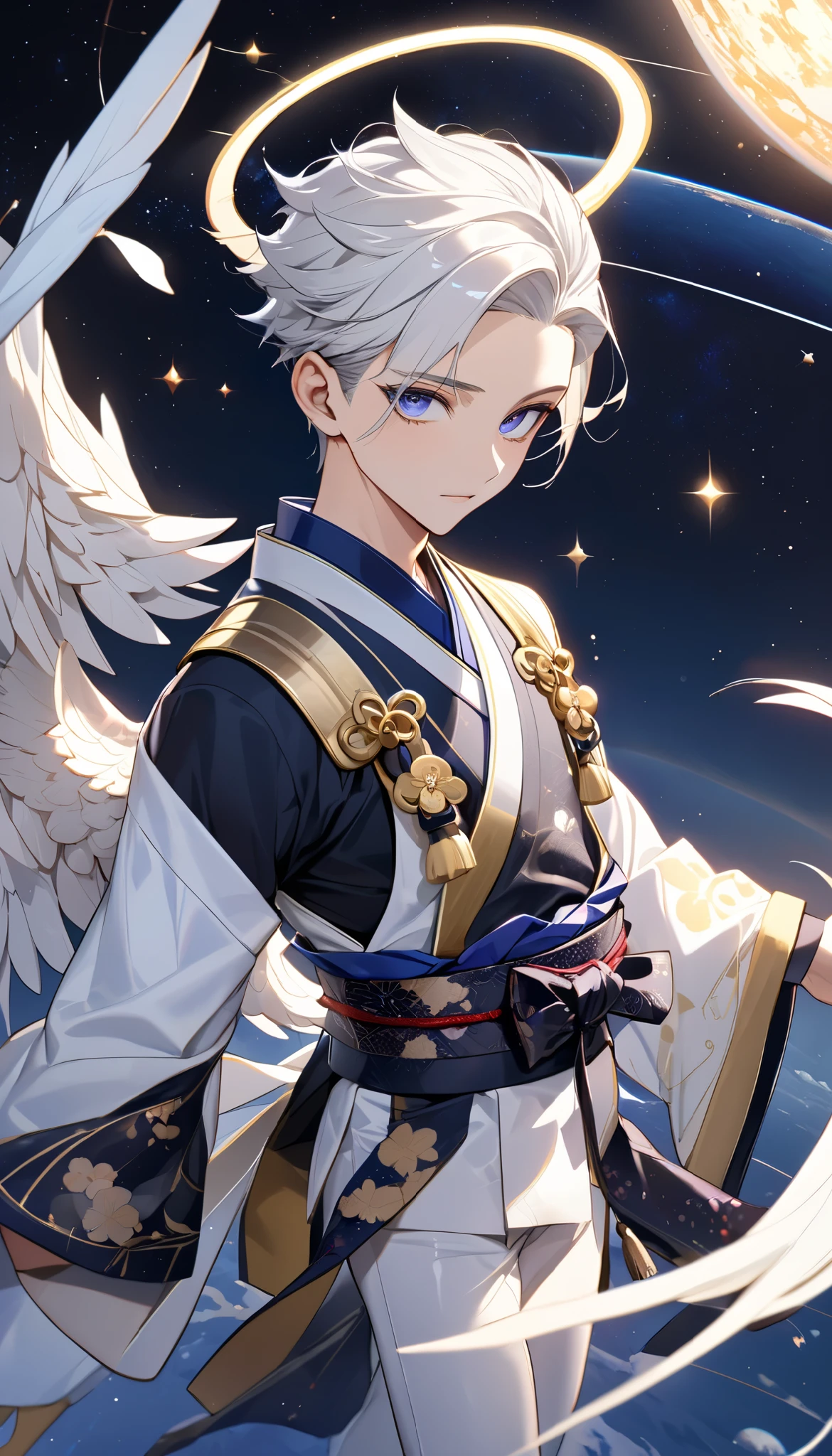 Fresh illustration,
Ultra-fine drawing,
Very delicate illustration,
Very fine details,
One boy,
Full body,
Standing motionless,
Arms slightly open,
Height 158cm,
Fair skin,
Right eye purple,
Left eye blue,
Odd eyes,
Heterochromie iris,
Beautiful eyes,
Large black pupils,
Cleanly cut hairstyle,
Slicked back hairstyle,
Short hair,
Shiny hair,
Blue roots and white hair elsewhere,
Hair with a gradient,
Cute face,
Pretty face,
A shining angel halo on the back of the head,
Raised eyebrows,
Upper body in kimono,
Upper body in traditional Japanese clothing,
Masculine build,
Six pack,
Very small breasts,
No breasts,
Lower body in Chinese dress,
Obi color black,
Overall White clothes,
Tastefully embroidered with gold thread,
Clothes made of high-quality fabric,
Jock straps,
Thigh straps,
Thigh straps digging into the skin,
White long boots,
Japanese-style toes,
Number of fingers and toes: 5,
Thin waist,
Thin legs,
Isometric,
Golden ratio,
Divine atmosphere,
Wearing an indigo-colored stand-up collared inner,
Outer space,
Galaxy,
Countless small stars,
Tactical use of shadows,
Clothes, headbands, and hair do not extend beyond the frame,