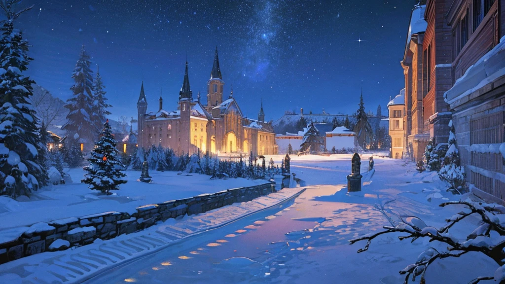  High Resolution , masterpiece,castle、night、Terrace、Snow Scene