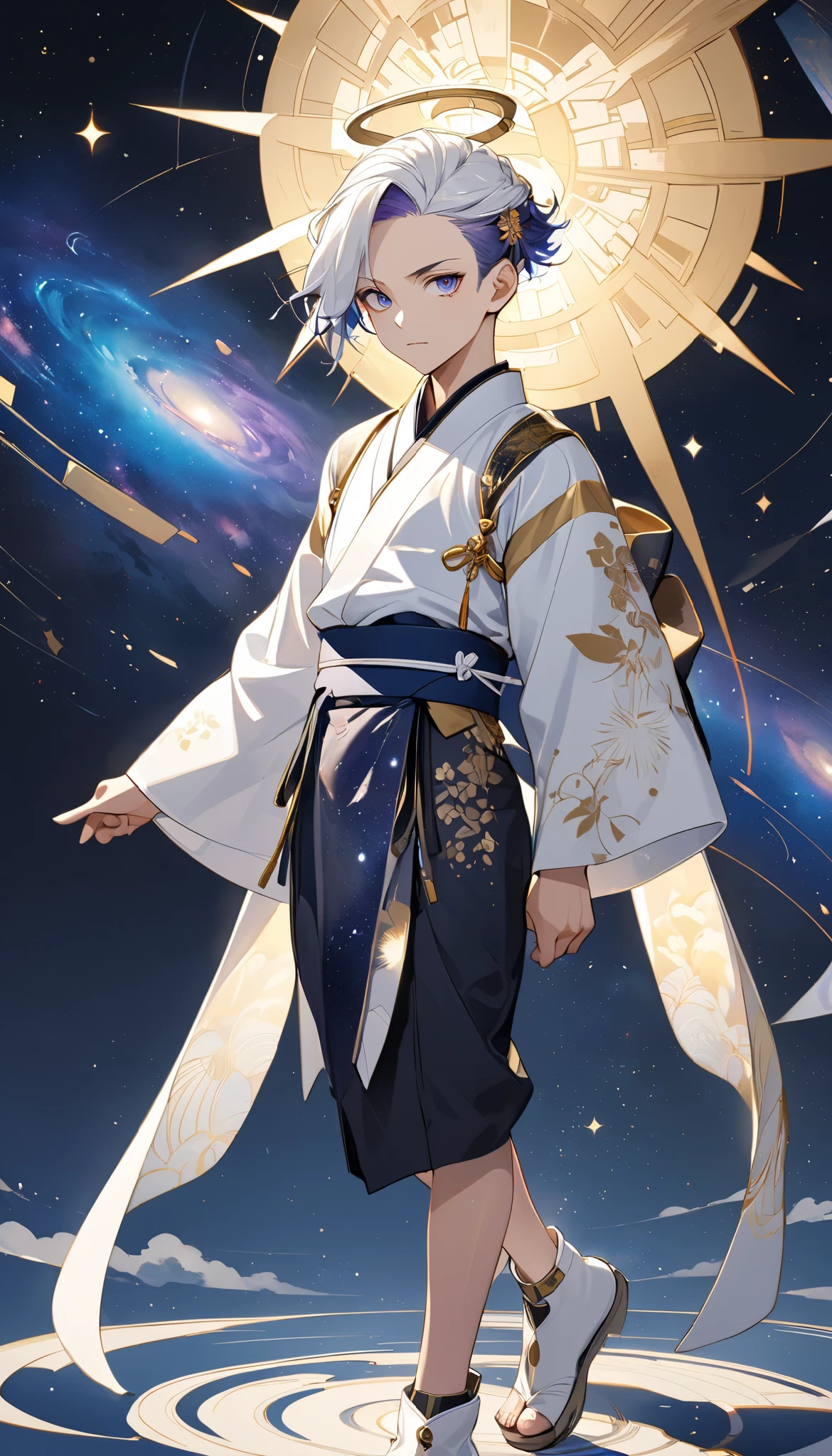 Fresh illustration,
Ultra-fine drawing,
Very delicate illustration,
Very fine details,
One boy,
Full body,
Standing motionless,
Arms slightly open,
Height 158cm,
Fair skin,
Right eye purple,
Left eye blue,
Odd eyes,
Heterochromie iris,
Beautiful eyes,
Large black pupils,
Cleanly cut hairstyle,
Slicked back hairstyle,
Short hair,
Shiny hair,
Blue roots and white hair elsewhere,
Hair with a gradient,
Cute face,
Pretty face,
A shining angel halo on the back of the head,
Raised eyebrows,
Upper body in kimono,
Upper body in traditional Japanese clothing,
Masculine build,
Six pack,
Very small breasts,
No breasts,
Lower body in Chinese dress,
Obi color black,
Overall White clothes,
Tastefully embroidered with gold thread,
Clothes made of high-quality fabric,
Jock straps,
Thigh straps,
Thigh straps digging into the skin,
White long boots,
Japanese-style toes,
Number of fingers and toes: 5,
Thin waist,
Thin legs,
Isometric,
Golden ratio,
Divine atmosphere,
Wearing an indigo-colored stand-up collared inner,
Outer space,
Galaxy,
Countless small stars,
Tactical use of shadows,
Clothes, headbands, and hair do not extend beyond the frame,