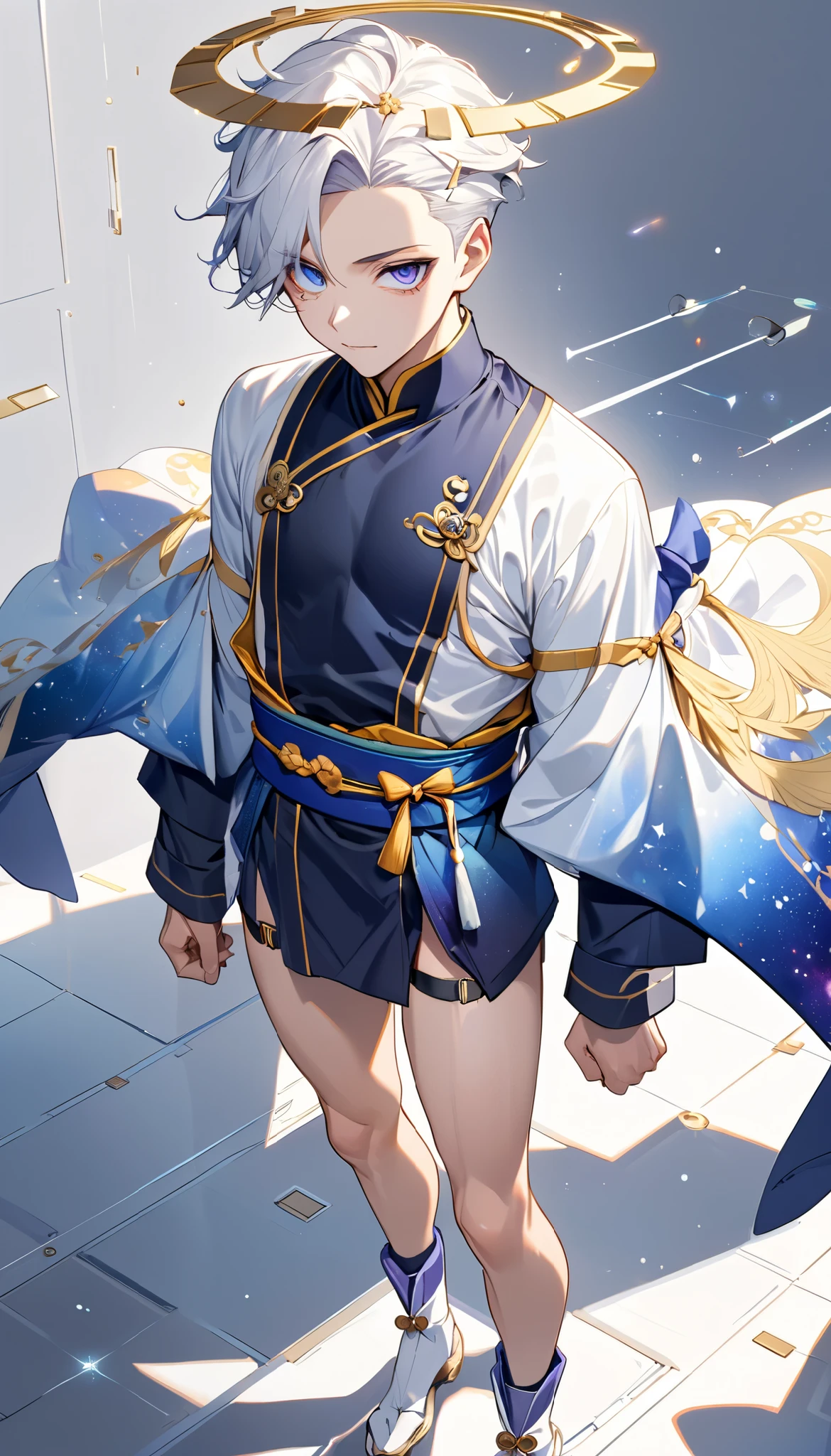 Fresh illustration,
Ultra-fine drawing,
Very delicate illustration,
Very fine details,
One boy,
Full body,
Standing motionless,
Arms slightly open,
Height 158cm,
Fair skin,
Right eye purple,
Left eye blue,
Odd eyes,
Heterochromie iris,
Beautiful eyes,
Large black pupils,
Cleanly cut hairstyle,
Slicked back hairstyle,
Short hair,
Shiny hair,
Blue roots and white hair elsewhere,
Hair with a gradient,
Cute face,
Pretty face,
A shining angel halo on the back of the head,
Raised eyebrows,
Upper body in kimono,
Upper body in traditional Japanese clothing,
Masculine build,
Six pack,
Very small breasts,
No breasts,
Lower body in Chinese dress,
Obi color black,
Overall White clothes,
Tastefully embroidered with gold thread,
Clothes made of high-quality fabric,
Jock straps,
Thigh straps,
Thigh straps digging into the skin,
White long boots,
Japanese-style toes,
Number of fingers and toes: 5,
Thin waist,
Thin legs,
Isometric,
Golden ratio,
Divine atmosphere,
Wearing an indigo-colored stand-up collared inner,
Outer space,
Galaxy,
Countless small stars,
Tactical use of shadows,
Clothes, headbands, and hair do not extend beyond the frame,