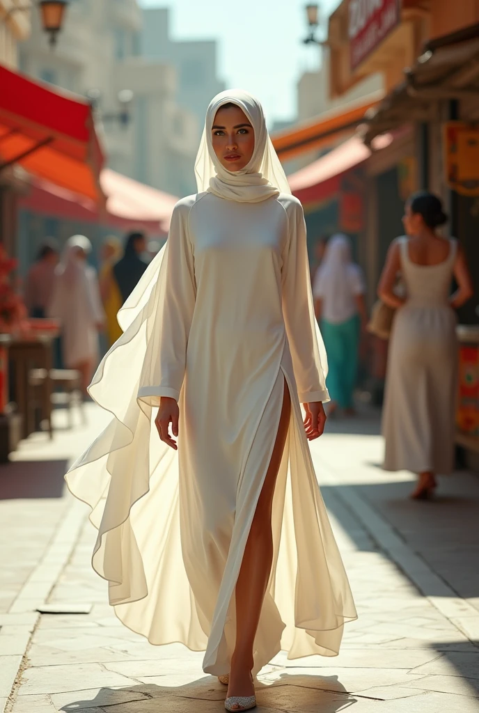 Muslim woman wearing a dress made of used plastic, transparent white soft colour, unique, classic, modern, wearing a long skirt, carnival event, very realistic, very realistic, (complex detail: 0.9), (hdr, hyperdetail: 1.2), RAW, Sony Alpha a9 II, 24-105mm f/4, HDR,