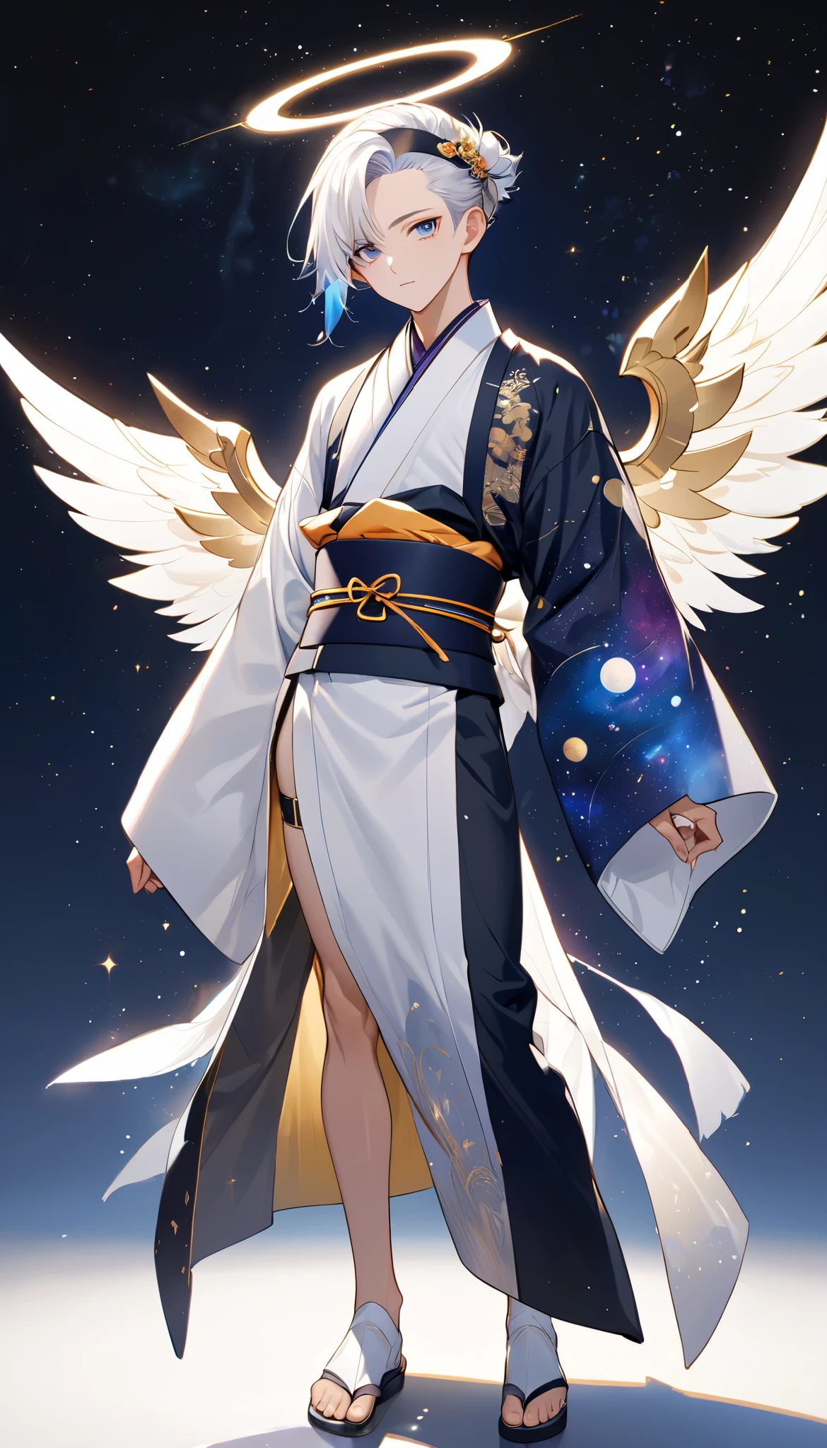 Fresh illustration,
Ultra-fine drawing,
Very delicate illustration,
Very fine details,
One boy,
Full body,
Standing motionless,
Arms slightly open,
Height 158cm,
Fair skin,
Right eye purple,
Left eye blue,
Odd eyes,
Heterochromie iris,
Beautiful eyes,
Large black pupils,
Cleanly cut hairstyle,
Slicked back hairstyle,
Short hair,
Shiny hair,
Blue roots and white hair elsewhere,
Hair with a gradient,
Cute face,
Pretty face,
A shining angel halo on the back of the head,
Raised eyebrows,
Upper body in kimono,
Upper body in traditional Japanese clothing,
Masculine build,
Six pack,
Very small breasts,
No breasts,
Lower body in Chinese dress,
Obi color black,
Overall White clothes,
Tastefully embroidered with gold thread,
Clothes made of high-quality fabric,
Jock straps,
Thigh straps,
Thigh straps digging into the skin,
White long boots,
Japanese-style toes,
Number of fingers and toes: 5,
Thin waist,
Thin legs,
Isometric,
Golden ratio,
Divine atmosphere,
Wearing an indigo-colored stand-up collared inner,
Outer space,
Galaxy,
Countless small stars,
Tactical use of shadows,
Clothes, headbands, and hair do not extend beyond the frame,