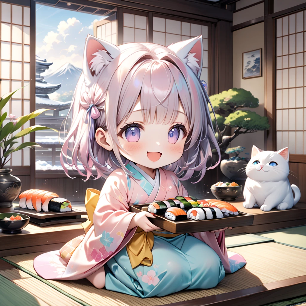 (masterpiece), (ultra-detailed), (best quality), (clear focus), dramatic scene, cinematic, shadow, (ultra-high resolution), (8k), perfect anatomy, perfect face, (detailed face), (detailed eye), (chibi), cute Japanese chibi girl, famous Japanese chibi idol, very beautiful and cute and cool face, (wearing a cute pastel colored kimono:1.2), cute apron,  (large breasts), (She is making sushi at the traditional Japanese room with a cute giant cat:1.3), (piles of many kind of colorful sushi plates are on the Japanese antique low table), (too many delicious sushi:1.2), Freshly cooked rice in a wooden tub, many kind of sliced fishes with bamboo leaves are on the wooden tray, sitting on Tatami floor, Japanese antique furnishings, Bonsai, gentle sunlight, professional lighting, the cat looks so happy with her, (detailed giant fat cat is mewing:1.3), she looks so happy, Outside the window is a snowy scene, happy smile