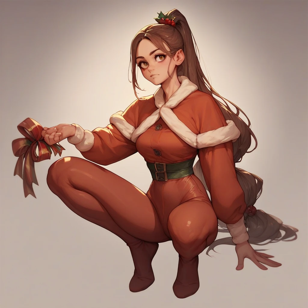 A girl with fair skin, long brown hair tied into a tight, high topknot style, accompanied by a waist-length ponytail with parted bangs, brown eyes, as she wears a full body Christmas suit 