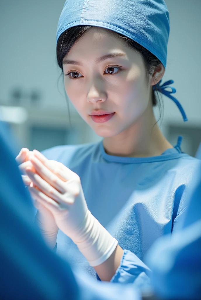 A beautiful Japanese female surgeon is alone in the operating room.  She's wearing a long-sleeved surgical gown , Surgical Cap, Surgical mask and gloves .  She's in the operating room ,  She has raised her gloved hands to chest height .
 She has beautiful eyes and perfect skin   . 
