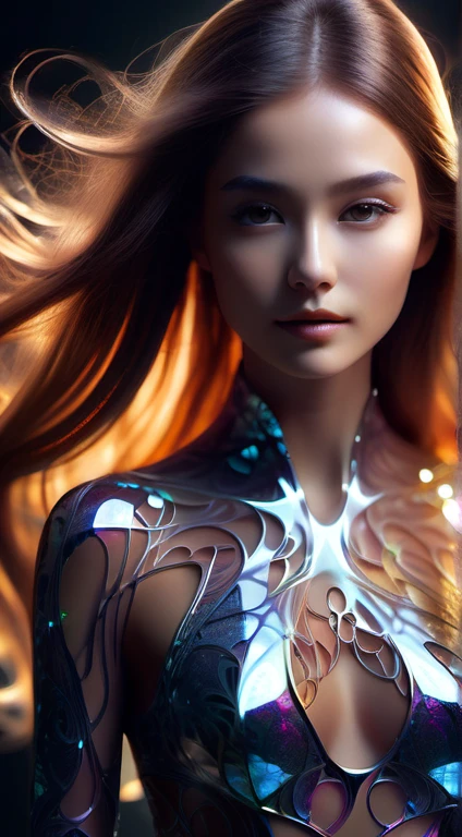  woman with shiny and translucent fractal skin,  very long and flowing and shiny hair , full and strong body ,  small breasts, aerial view, high resolution, cinematic, Swirling organic pattern ,  energetic , Ultra HD, bright colors,  perfect composition , litter, natural, amazing shadows, black silhouette,  volumetric light 