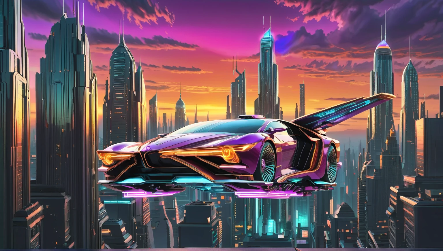 A sprawling futuristic city with towering skyscrapers made of glass and metal, glowing neon signs in various colors, flying cars zipping through the sky, and a setting sun casting vibrant oranges and purples across the horizon.