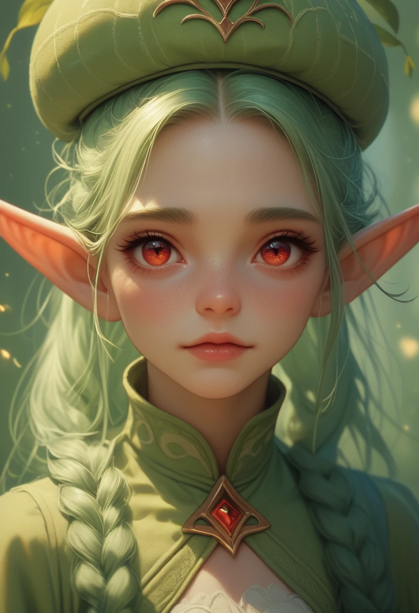 elf, cute green, red eyes, with funny hat, delicate face and cute outfit, with pointy hat realistic
